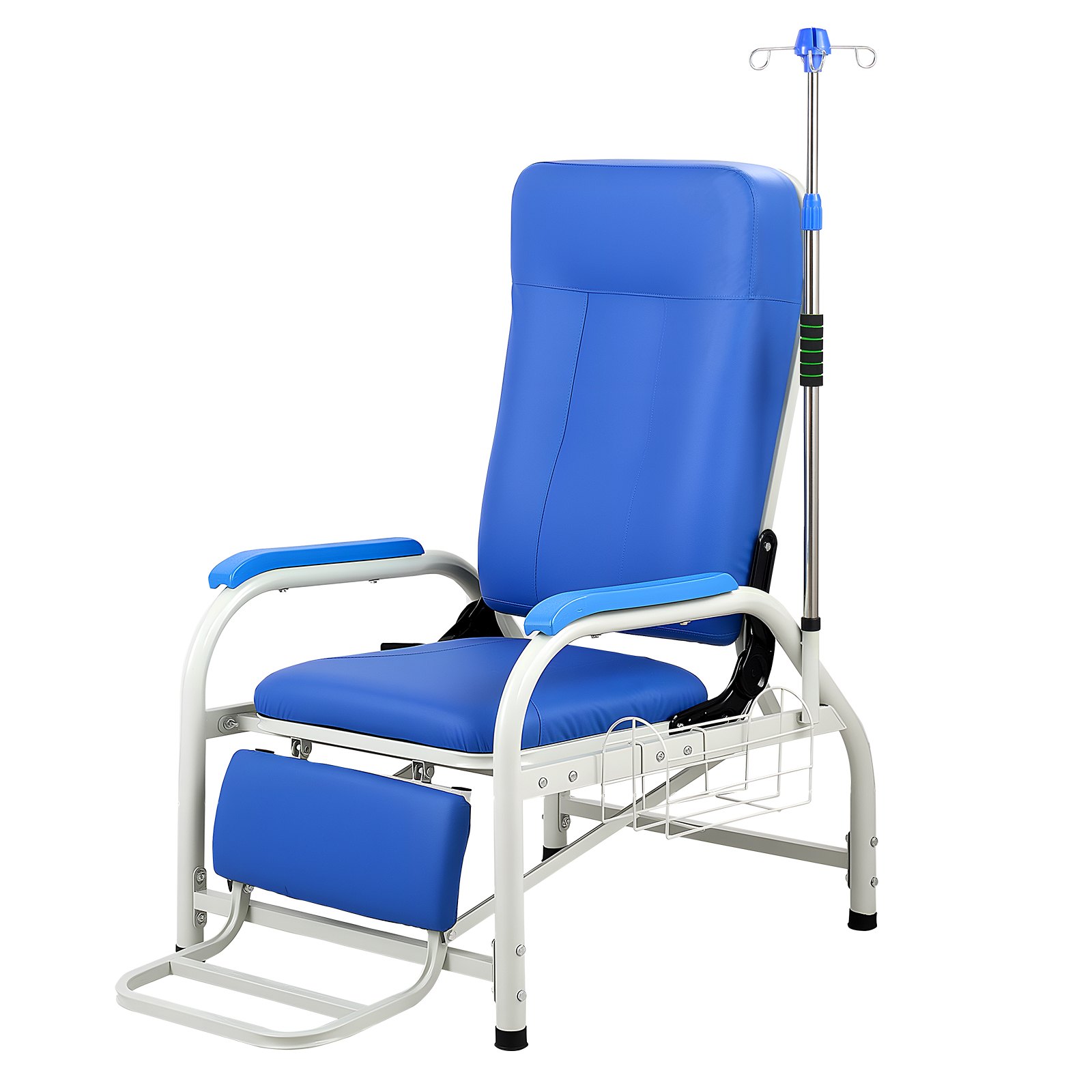 VEVOR medische stoel met infuusstandaard, draagvermogen 181 kg, stalen constructie, 90-160° verstelbaar, met gewatteerde zitting, voetensteun en opbergmand, voor ziekenhuizen en verpleeghuizen.