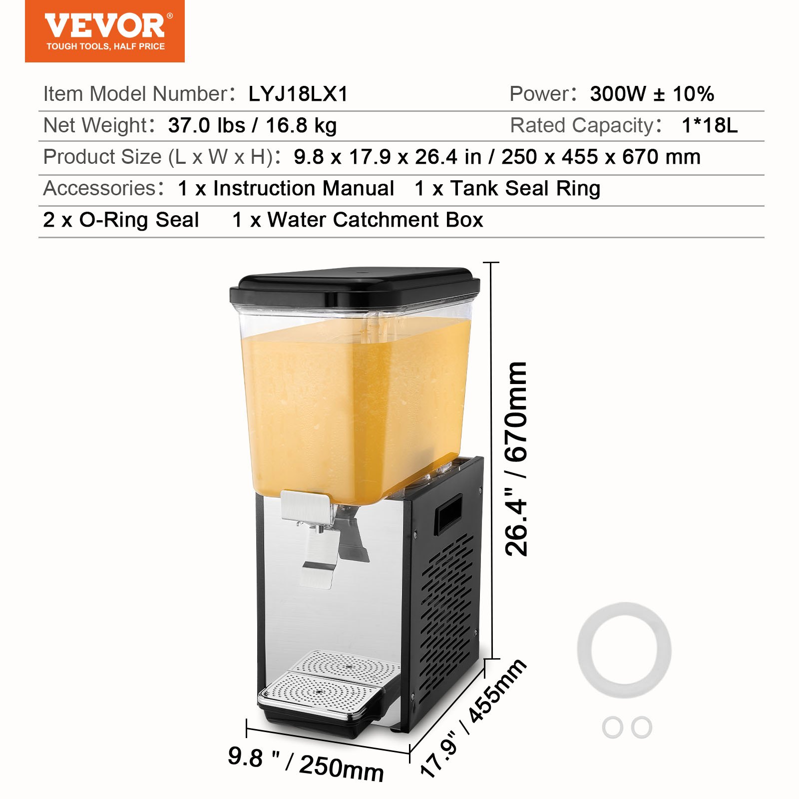 VEVOR Commercial Beverage Dispenser, 18 L Juice Dispenser, 300W 304 Stainless Steel Food Grade Ice Tea Drink Machine with 45°F-54°F Cooling Temperature, for Cold Drink Restaurant Bar Party