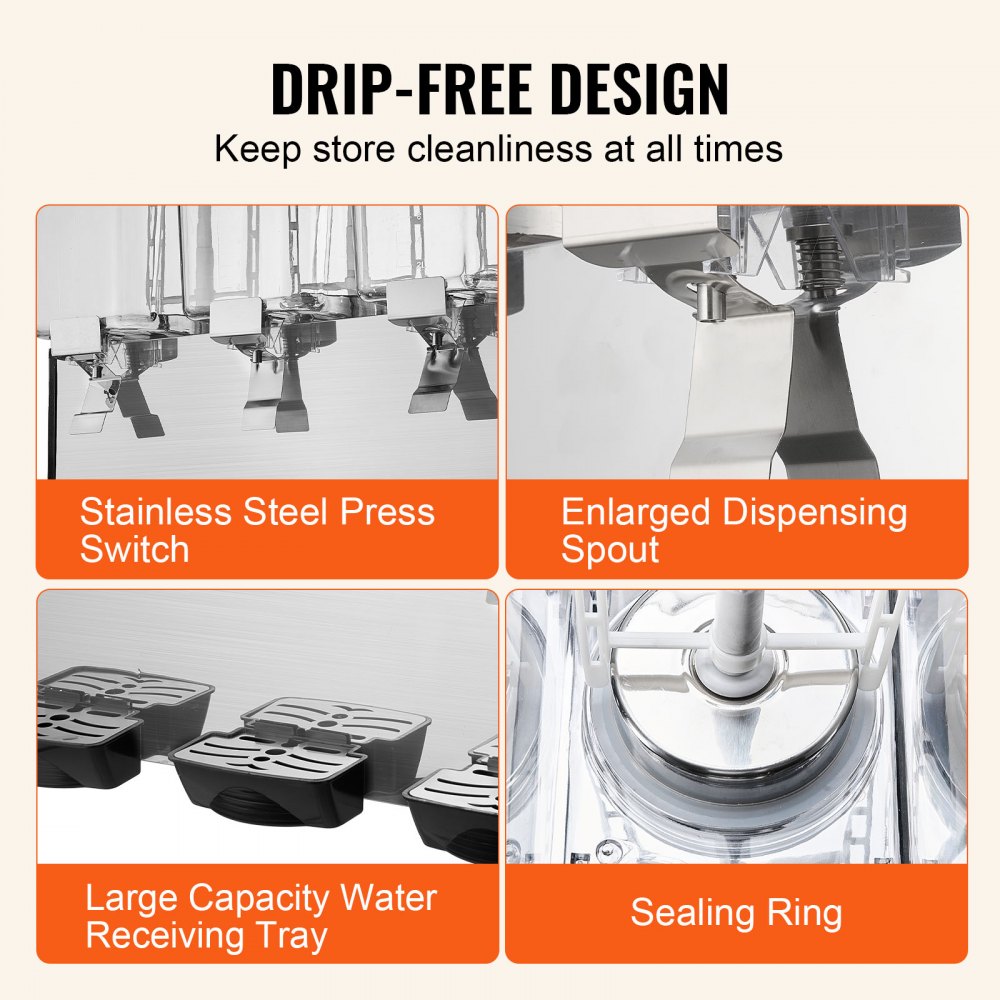 VEVOR Commercial Beverage Dispenser, 3 Tanks 18 L Per Tank Juice Dispenser, 512W Stainless Steel Ice Tea Drink Machine with 45°F-54°F Cooling Temperature, for Cold Drink Restaurant Bar Party