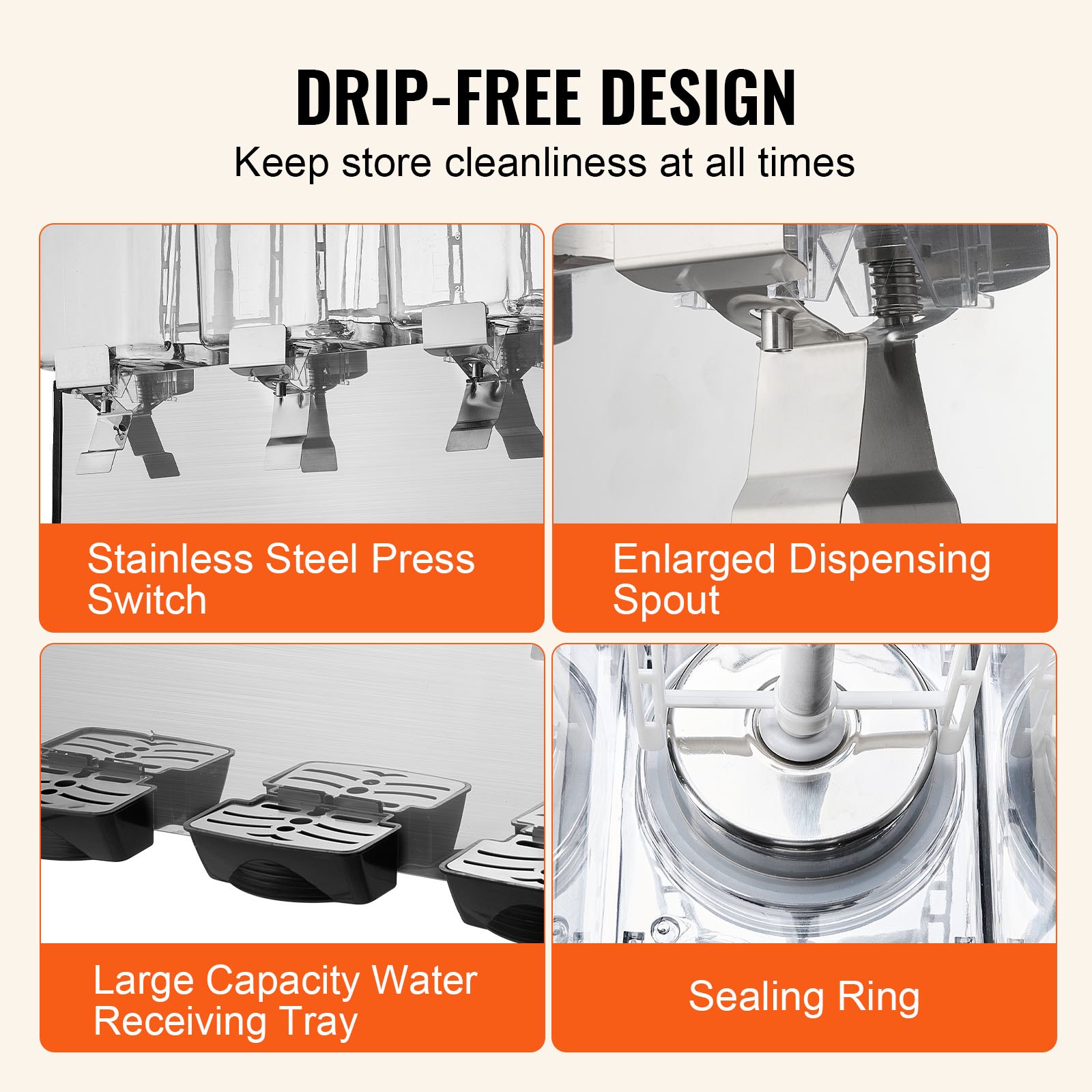 VEVOR Commercial Beverage Dispenser, 3 Tanks 18 L Per Tank Juice Dispenser, 512W Stainless Steel Ice Tea Drink Machine with 45°F-54°F Cooling Temperature, for Cold Drink Restaurant Bar Party