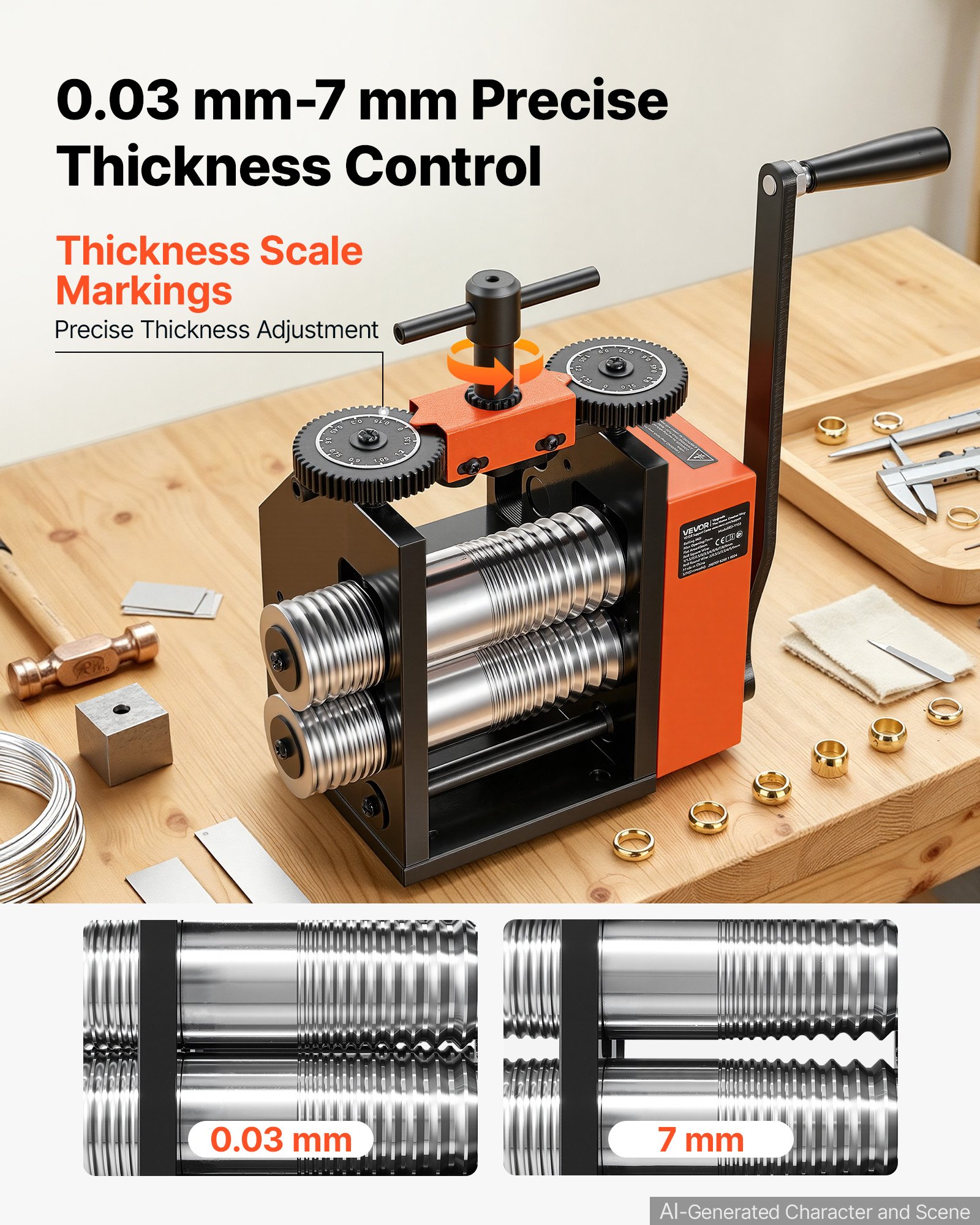 VEVOR Handwalsmachine 40 mm 3-in-1 Combinatiewalsmachine Rond Plat Vierkant, Handgereedschap voor Sieradenmakers, Instelbare Dikte 0,03–7 mm, voor Kneedbare Metalen Goud Zilver Koper Aluminium