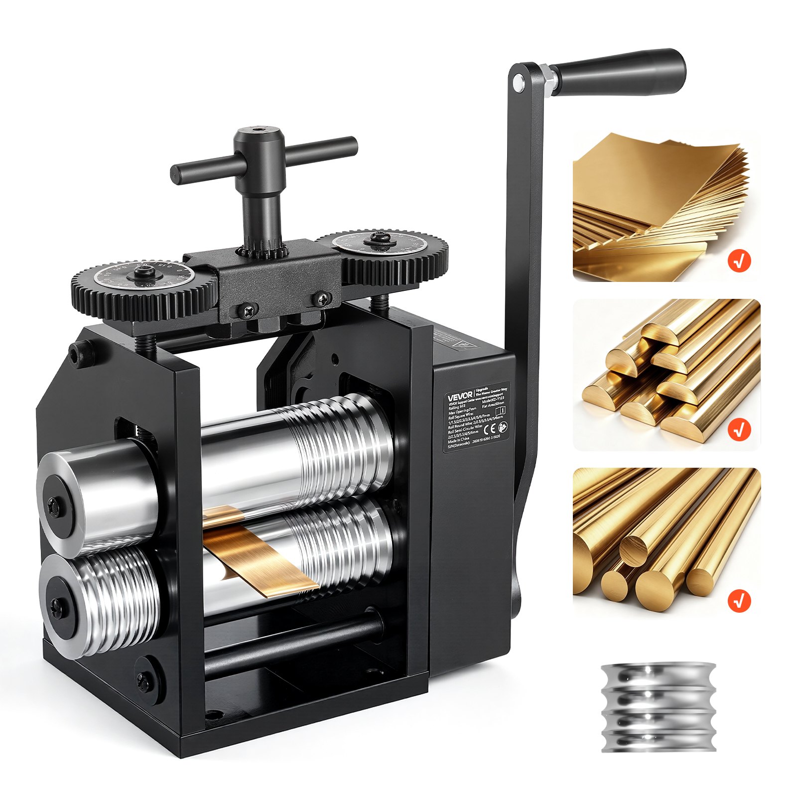 VEVOR Handwals 60 mm 4-in-1 Sieradenwals Rond Plat Vierkant Halfrond, Handmatig Sieradengereedschap voor Doe-het-zelf Sieradenmakers, Verstelbare Dikte 0,03–7 mm, voor Kneedbare Metalen Goud Zilver Koper Aluminium