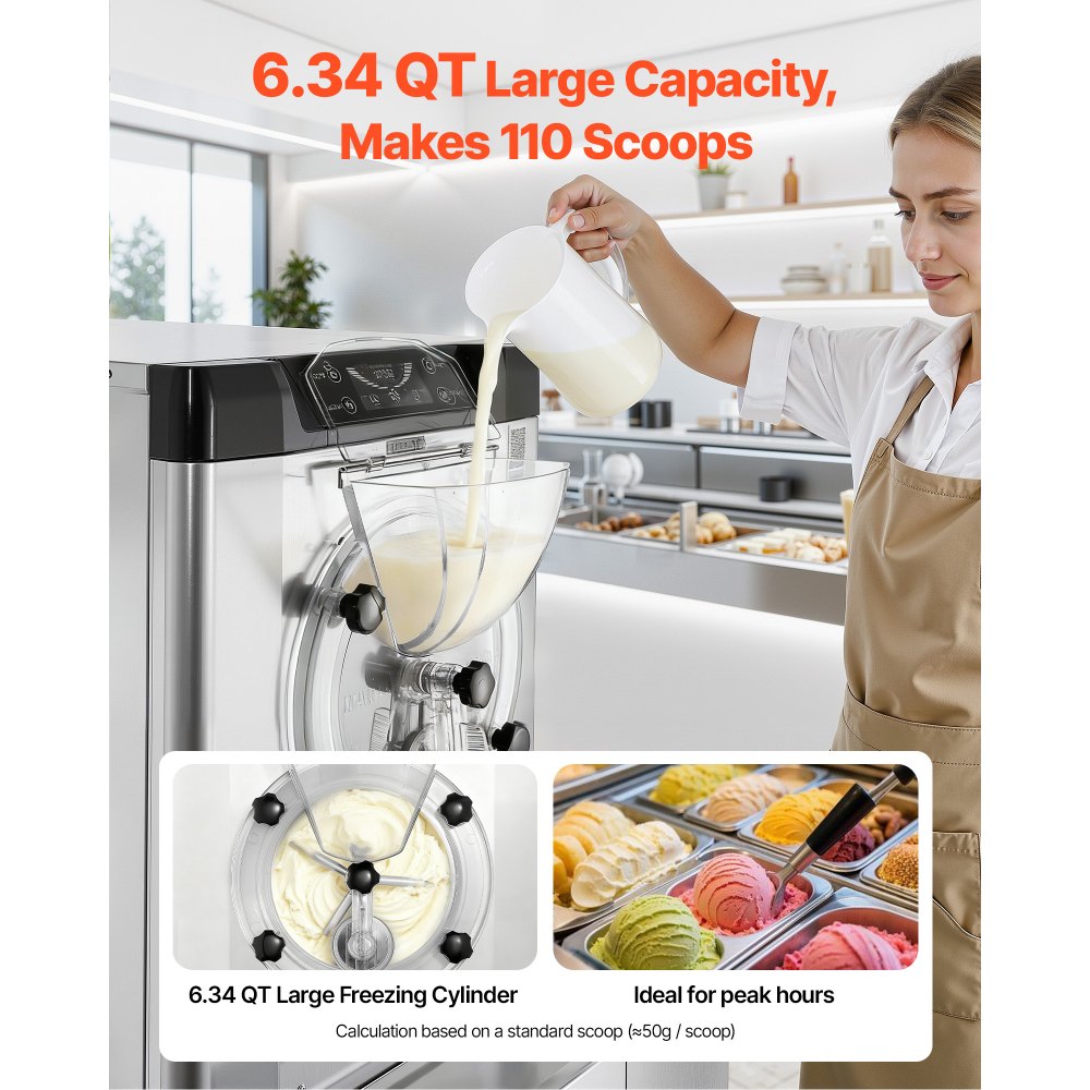 VEVOR Commercial Hard Ice Cream Machine, 2000W 3.17-5.28 Gal/Hour, Countertop Gelato Hard Serve Ice Cream Maker with 6L 304 Stainless Steel Cylinder, Auto Clean LED Panel for Snack Bar Restaurants