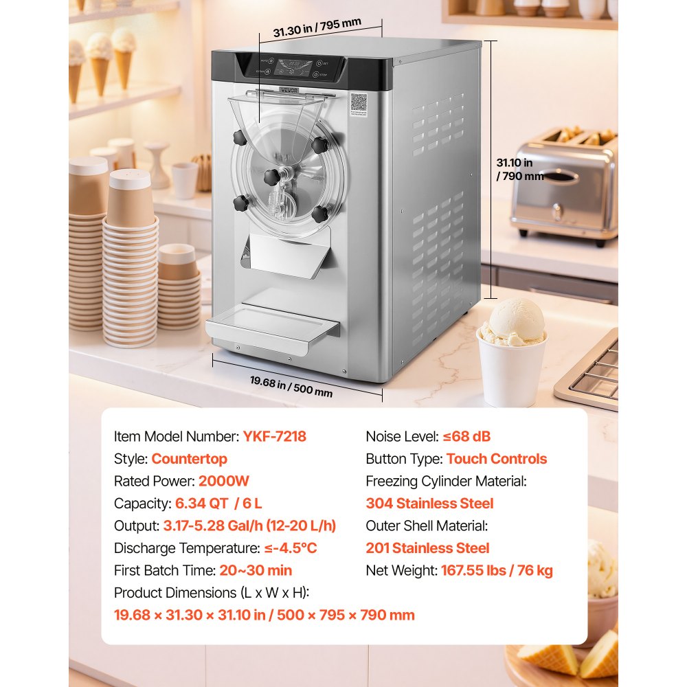 VEVOR Commercial Hard Ice Cream Machine, 2000W 3.17-5.28 Gal/Hour, Countertop Gelato Hard Serve Ice Cream Maker with 6L 304 Stainless Steel Cylinder, Auto Clean LED Panel for Snack Bar Restaurants