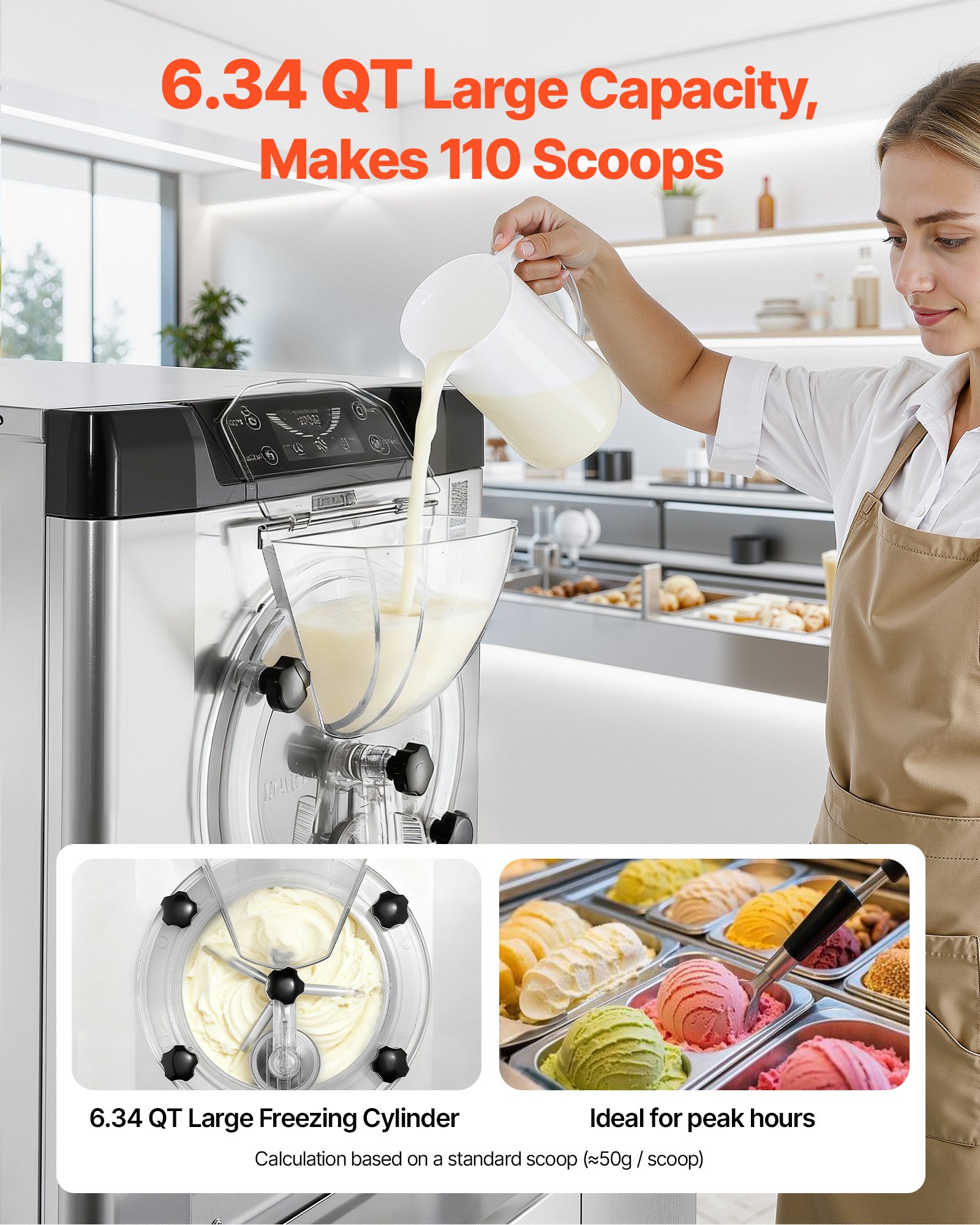VEVOR Commercial Hard Ice Cream Machine, 2000W 3.17-5.28 Gal/Hour, Countertop Gelato Hard Serve Ice Cream Maker with 6L 304 Stainless Steel Cylinder, Auto Clean LED Panel for Snack Bar Restaurants