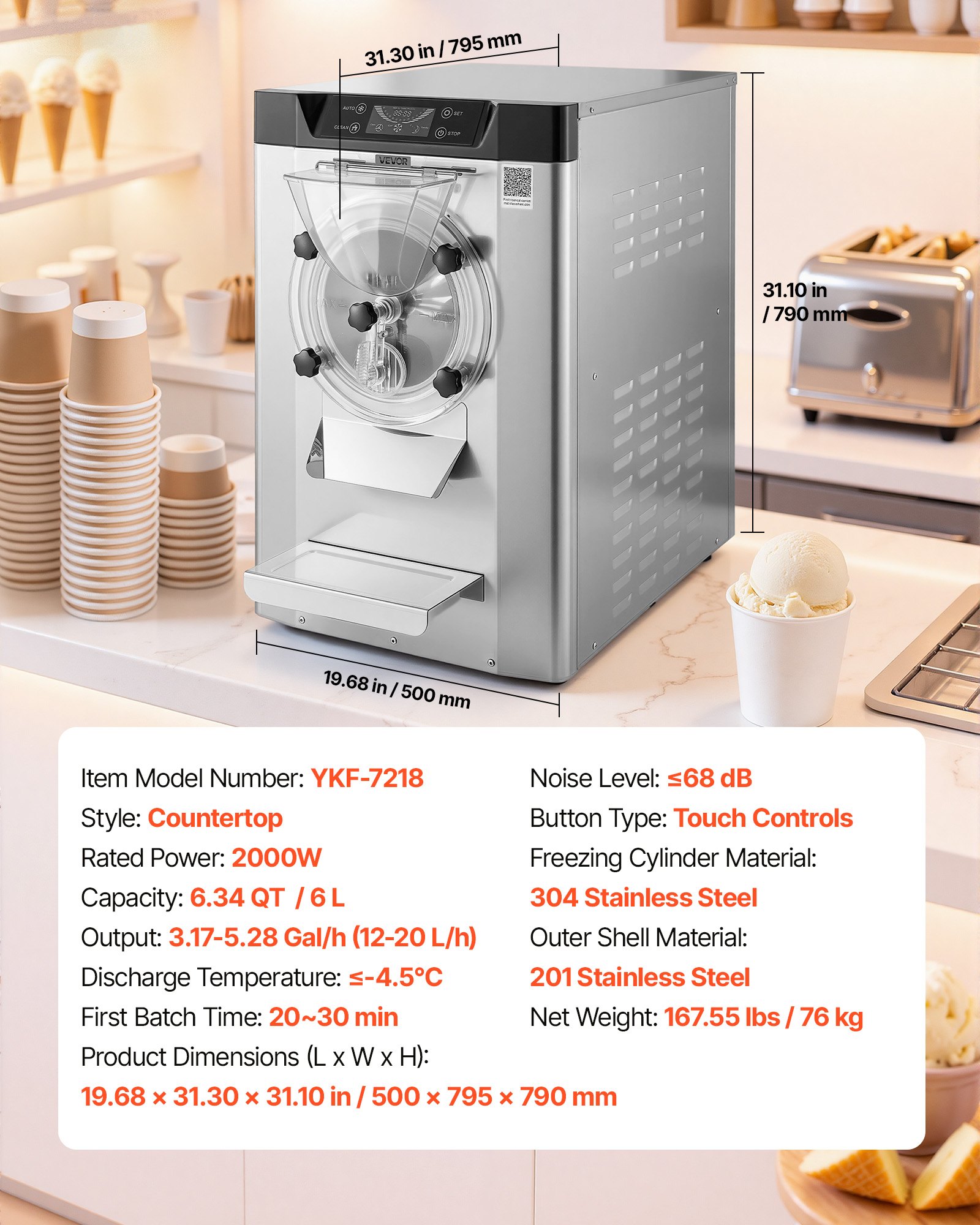 VEVOR Commerciële ijsmachine 2000 W 12–20 l/u, tafelmodel gelato-maker met 6 liter roestvrijstalen container (304) en zelfreinigend LED-bedieningspaneel voor snackbars en restaurants, zilverkleurig