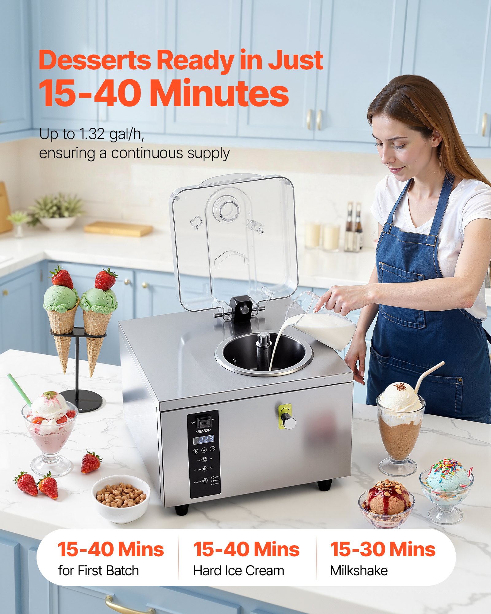 VEVOR Commerciële ijsmachine voor gelato 500 W, 5 l/u, ijsmachine met 2,8 l roestvrijstalen cilinder (304) & zelfreinigend LED-bedieningspaneel & hoge productiviteit voor snackbars en restaurants
