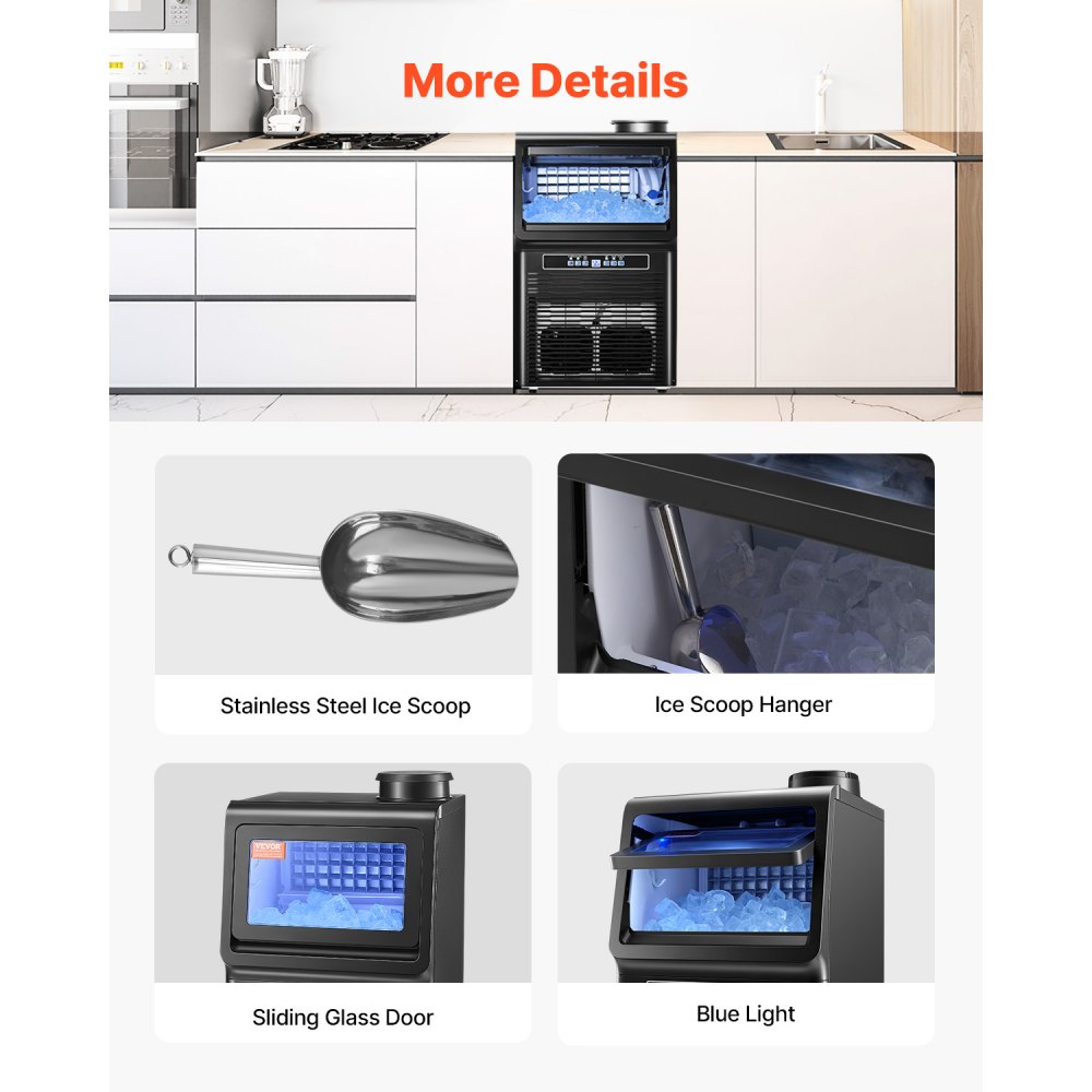 VEVOR 90lbs/24H Commercial Ice Maker, 36 Ice Cubes in 15 Minutes, Freestanding Ice Maker Machine with 12lbs Large Storage Capacity for Bar Office Restaurant, with LED Digital Display & Self-Cleaning