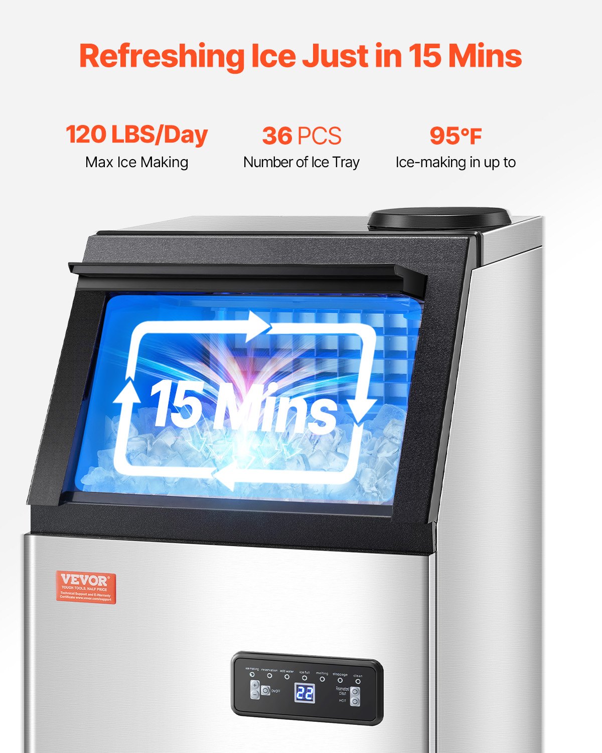 VEVOR Commerciële ijsmachine (54,43 kg/dag) IJsmachine met een opslagcapaciteit van 12,7 kg, 36 ijsblokjes in 15 minuten, met LED-digitaal display en 2 opties voor watertoevoeging, voor bar, kantoor, restaurant