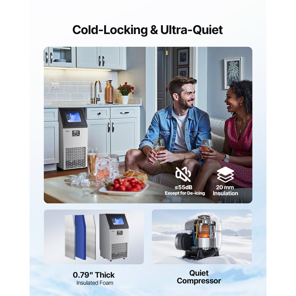 VEVOR Commercial Ice Maker Machine, 45.36 kg/24h with 12.7kg Storage, 45 Cubes per Cycle, Stainless Steel Freestanding & Under Counter Ice Maker with LED Display & Self-Cleaning, for Bar Restaurant