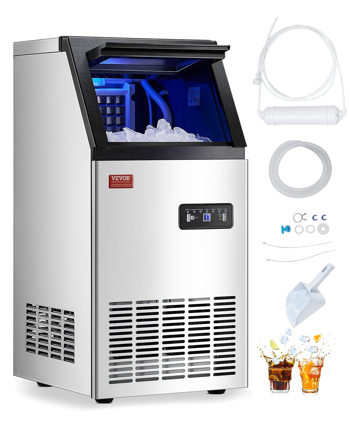 VEVOR 110lbs/24H Commercial Ice Maker, 36 Ice Cubes in 15 Minutes, Freestanding Ice Maker Machine with 28lbs Large Storage Capacity for Bar Office Restaurant, with LED Digital Display & Self-Cleaning