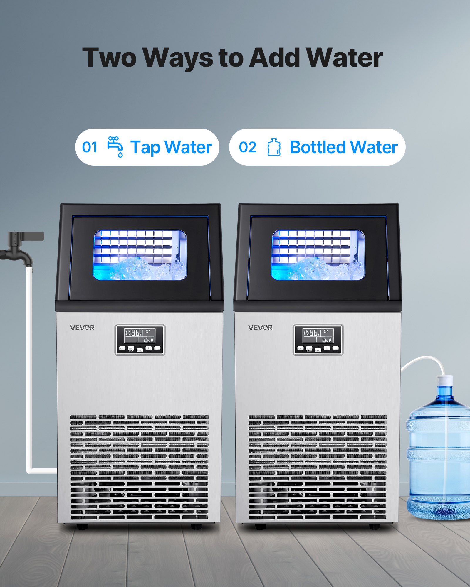 VEVOR Commercial Ice Maker Machine, 54.43 kg/24h with 12.7kg Storage, 45 Cubes per Cycle, Stainless Steel Freestanding & Under Counter Ice Maker with LED Display & Self-Cleaning, for Bar Restaurant