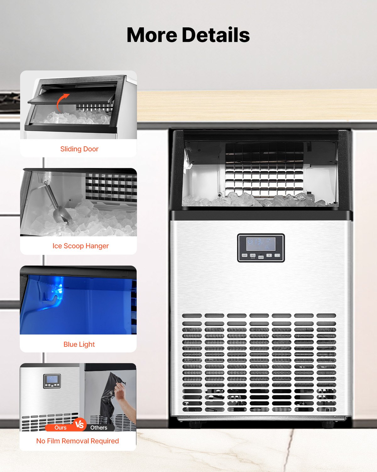 VEVOR 140lbs/24H Commercial Ice Maker, 45 Ice Cubes in 15 Minutes, Freestanding Ice Maker Machine with 33lbs Large Storage Capacity for Bar Office Restaurant, with LED Digital Display & Self-Cleaning