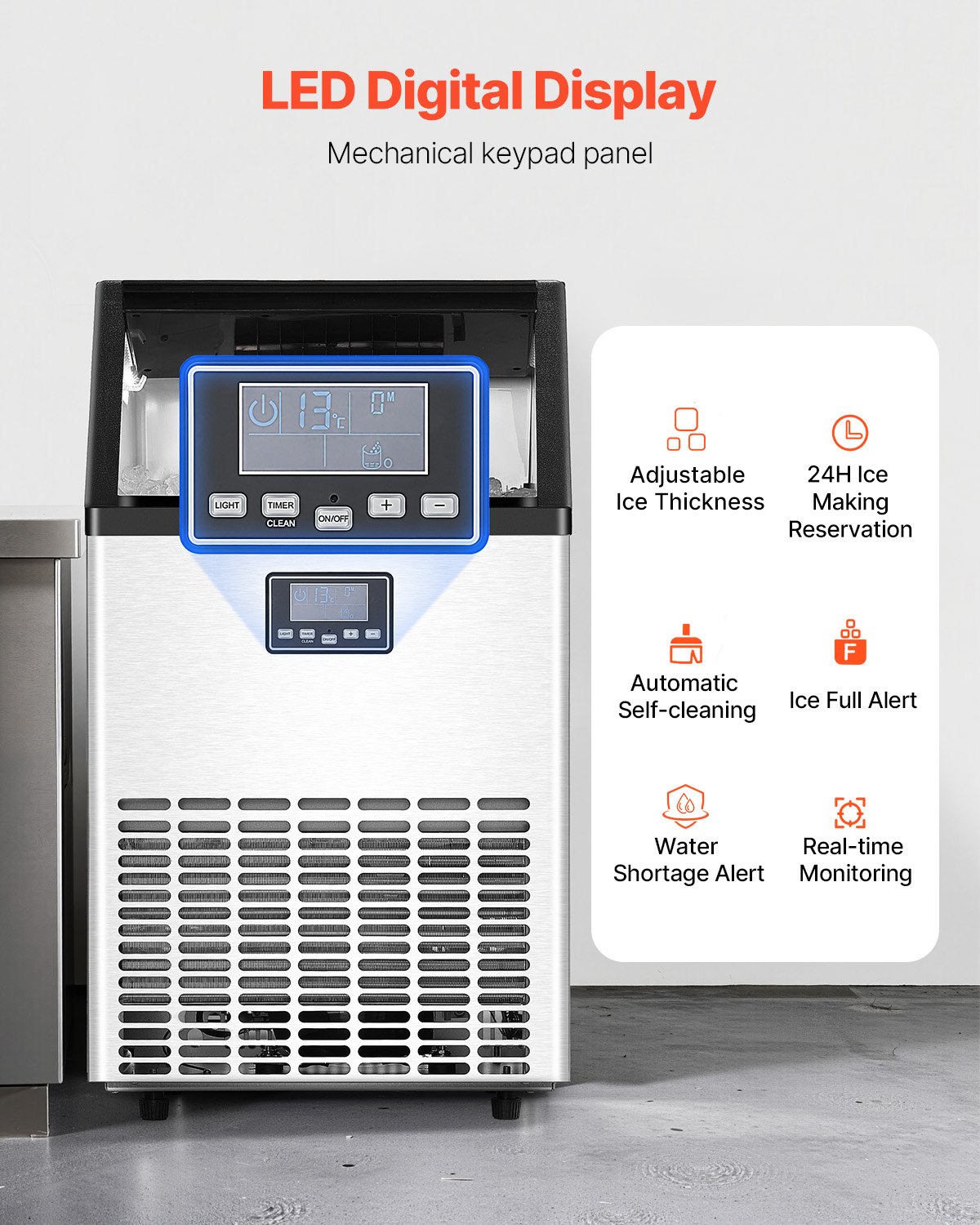 VEVOR Commerciële ijsmachine (58,97 kg/dag) IJsmachine met een opslagcapaciteit van 14,97 kg, 45 ijsblokjes in 15 minuten, LED-digitaal display, vrijstaand, zelfreinigend, voor bar, kantoor, restaurant