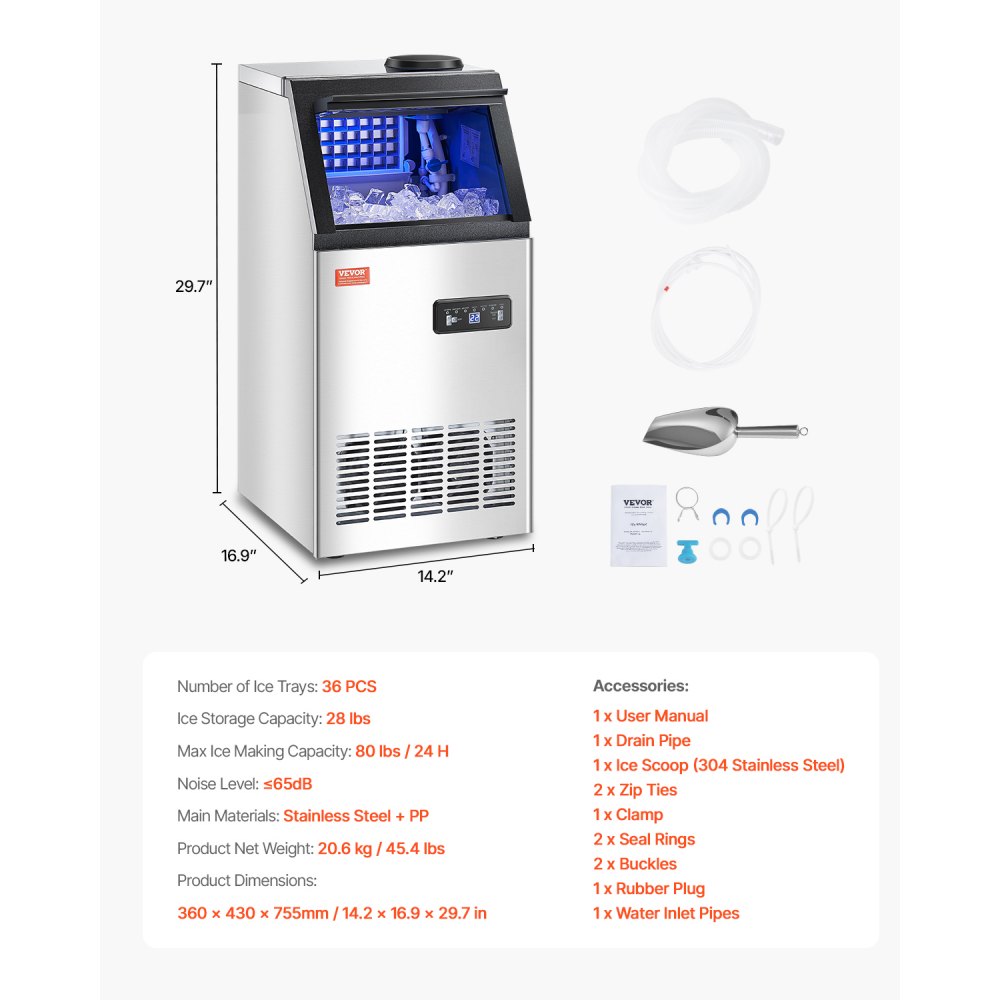 VEVOR Commerciële ijsmachine, 80 lbs/24 uur ijsmachine met 28 lbs opslagcapaciteit, 36 ijsblokjes in 15 minuten, LED digitaal display, vrijstaand, zelfreinigend, voor bar, kantoor, restaurant