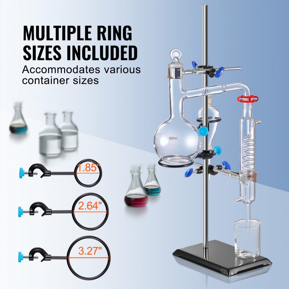 VEVOR Lab Stand Support, Laboratorium Retort Support Stand 1 Set, Stalen Lab Stand met 60 cm Staaf & 210,82 x 135 mm Gietijzeren Basis, Inclusief Kolfklemmen, Buretklemmen en Kruisklemmen