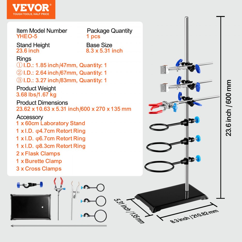 VEVOR Lab Stand Support, Laboratorium Retort Support Stand 1 Set, Stalen Lab Stand met 60 cm Staaf & 210,82 x 135 mm Gietijzeren Basis, Inclusief Kolfklemmen, Buretklemmen en Kruisklemmen