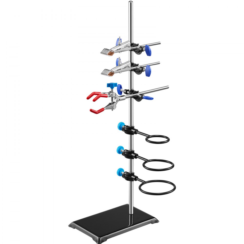 VEVOR Lab Stand Support, Laboratorium Retort Support Stand 1 Set, Stalen Lab Stand met 60 cm Staaf & 210,82 x 135 mm Gietijzeren Basis, Inclusief Kolfklemmen, Buretklemmen en Kruisklemmen