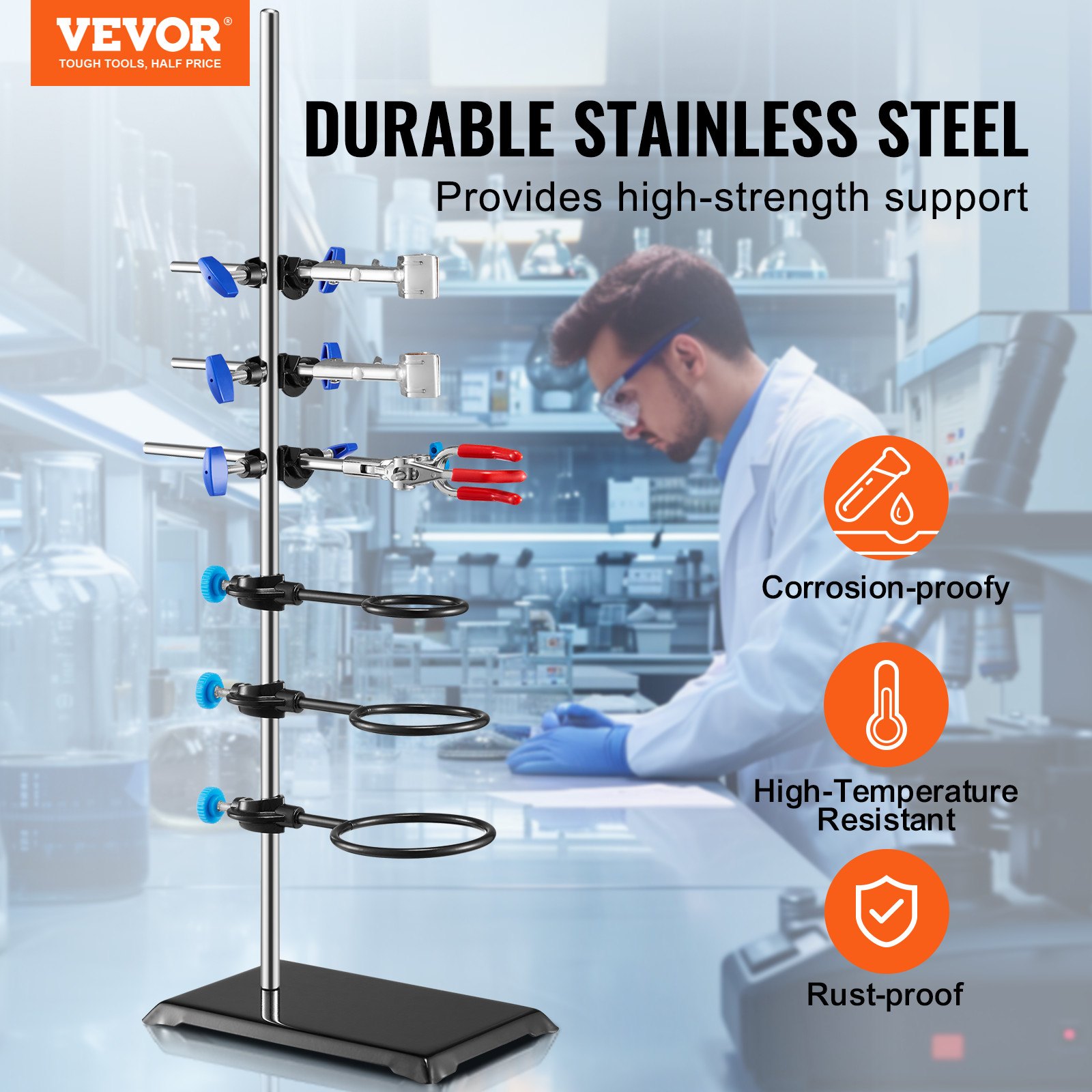 VEVOR Lab Stand Support, Laboratorium Retort Support Stand 1 Set, Stalen Lab Stand met 60 cm Staaf & 210,82 x 135 mm Gietijzeren Basis, Inclusief Kolfklemmen, Buretklemmen en Kruisklemmen