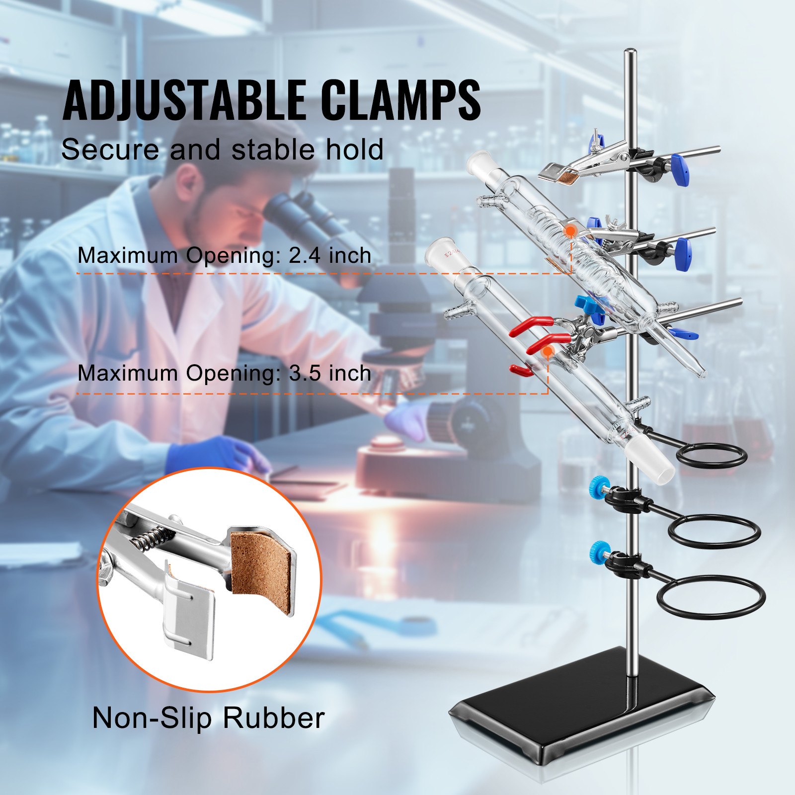 VEVOR Lab Stand Support, Laboratorium Retort Support Stand 1 Set, Stalen Lab Stand met 60 cm Staaf & 210,82 x 135 mm Gietijzeren Basis, Inclusief Kolfklemmen, Buretklemmen en Kruisklemmen
