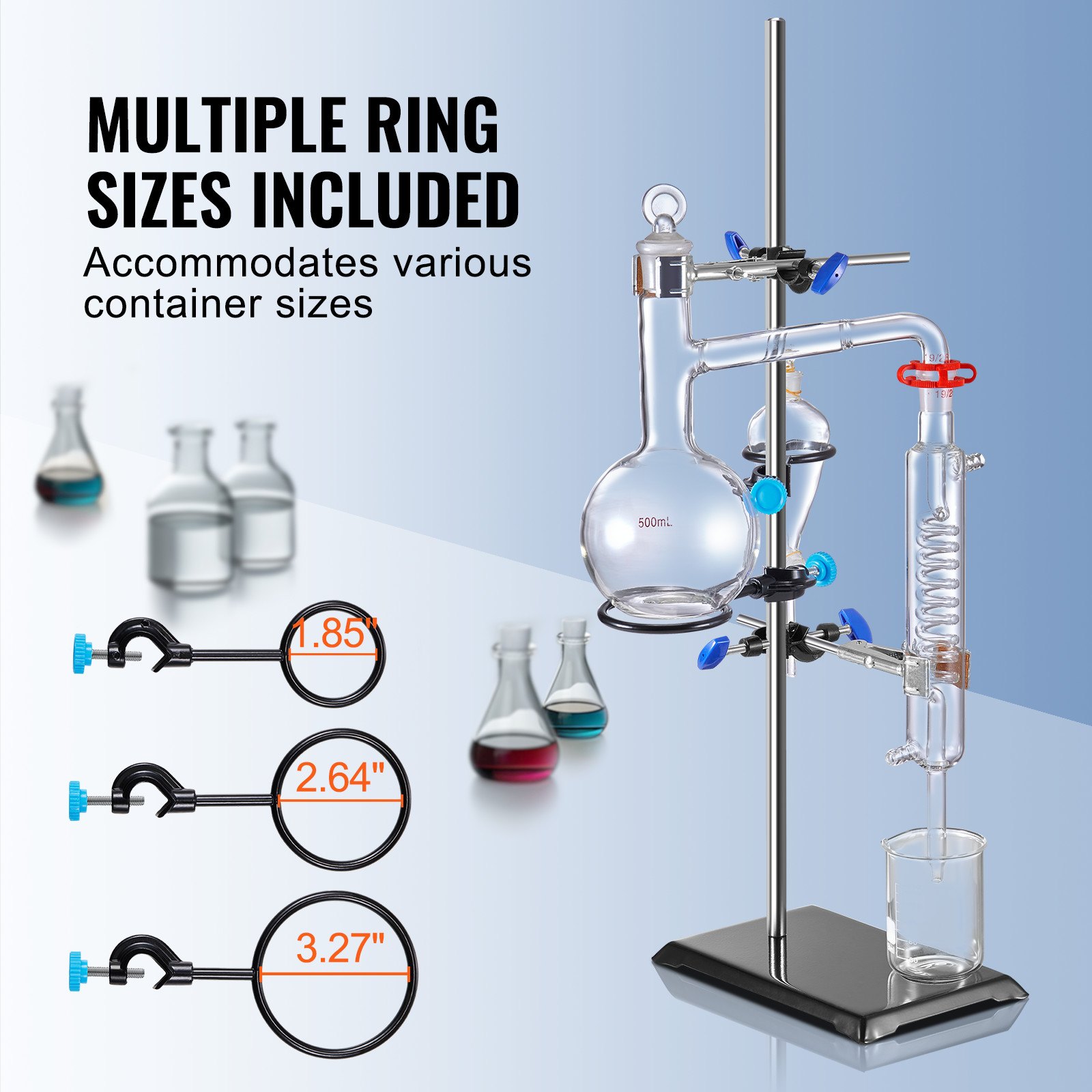 VEVOR Lab Stand Support, Laboratorium Retort Support Stand 1 Set, Stalen Lab Stand met 60 cm Staaf & 210,82 x 135 mm Gietijzeren Basis, Inclusief Kolfklemmen, Buretklemmen en Kruisklemmen