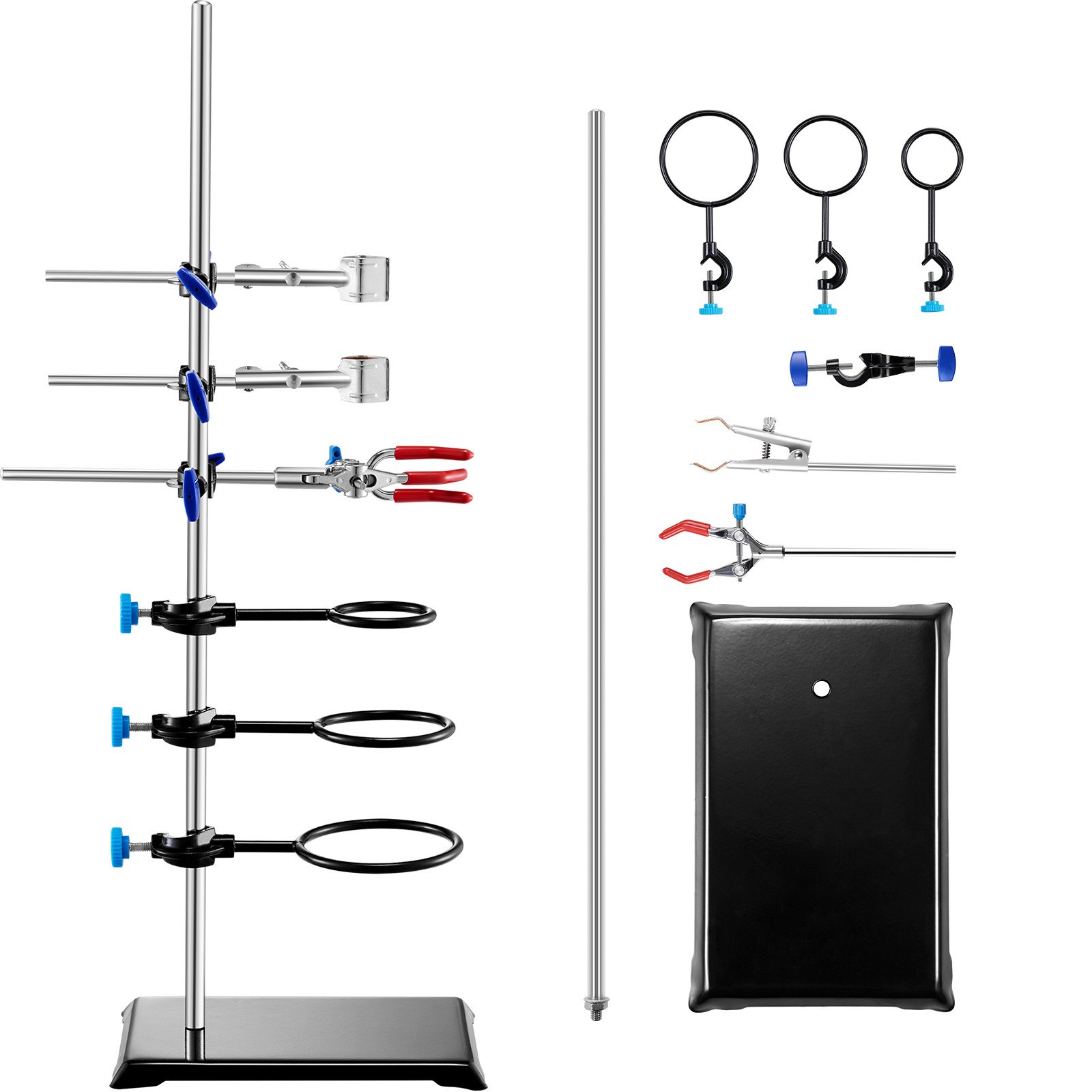 VEVOR Lab Stand Support, Laboratorium Retort Support Stand 1 Set, Stalen Lab Stand met 60 cm Staaf & 210,82 x 135 mm Gietijzeren Basis, Inclusief Kolfklemmen, Buretklemmen en Kruisklemmen