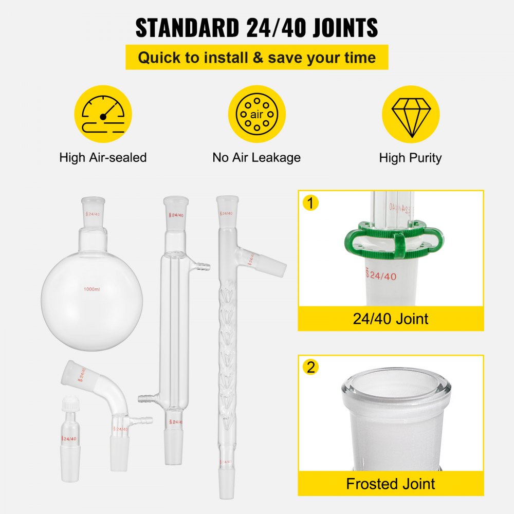 Vevor Lab Glaswerk Set Destillatie Apparaat 3,3 Borosilicaatglas Glaswerk Kits