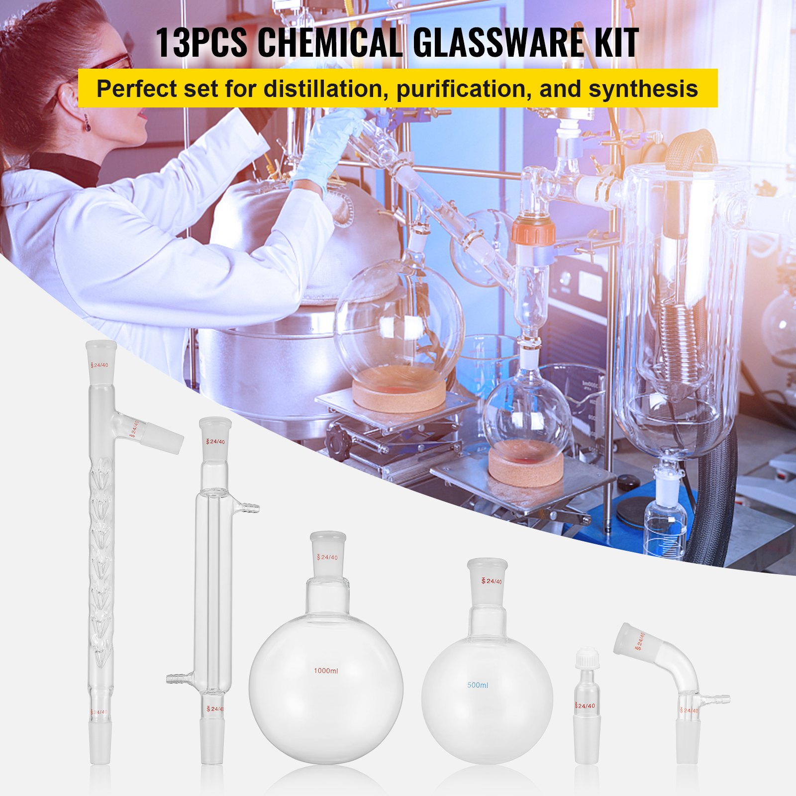 Vevor Lab Glaswerk Set Destillatie Apparaat 3,3 Borosilicaatglas Glaswerk Kits