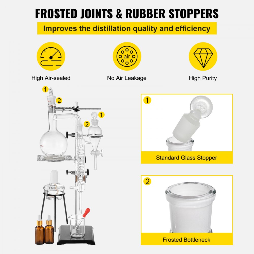 VEVOR 500ML Distillatieapparaat Lab Glaswerk Kit Stabiel Goed Verzegeld Met Condensor