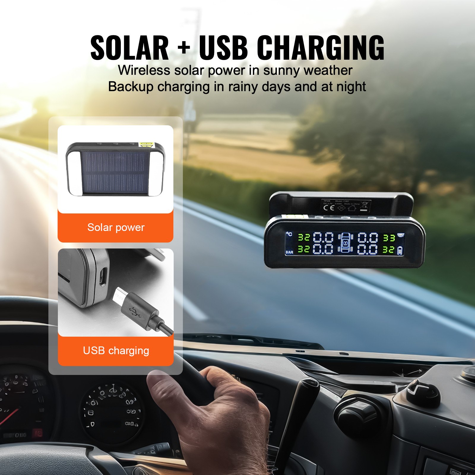 VEVOR RV Tire Pressure Monitoring System, 7.3-87 PSI Trailer TPMS, Universal Wireless Car Alarm System, Waterproof TPMS Sensors Set with Solar Charge, 4 Sensors, 5 Alarm Modes, and Real-time Display