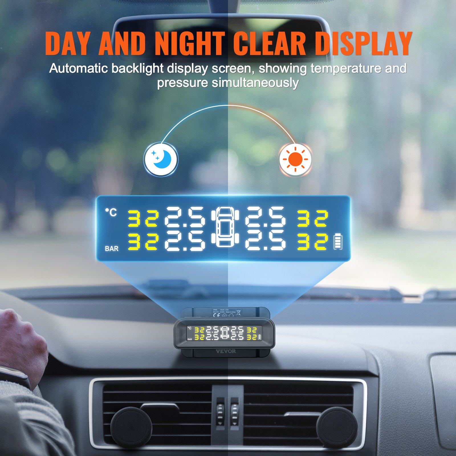 VEVOR RV Tire Pressure Monitoring System, 7.3-87 PSI Trailer TPMS, Universal Wireless Car Alarm System, Waterproof TPMS Sensors Set with Solar Charge, 4 Sensors, 5 Alarm Modes, and Real-time Display