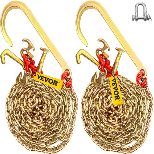 VEVOR J-Hook ketting, 38 x 15 cm sleepketting, G80 transportketting, gelegeerde stalen ketting met 2 G70 J-haken, 4200 kg sleephaak voor vrachtwagens, J-Hook sleepriemen 2-pack