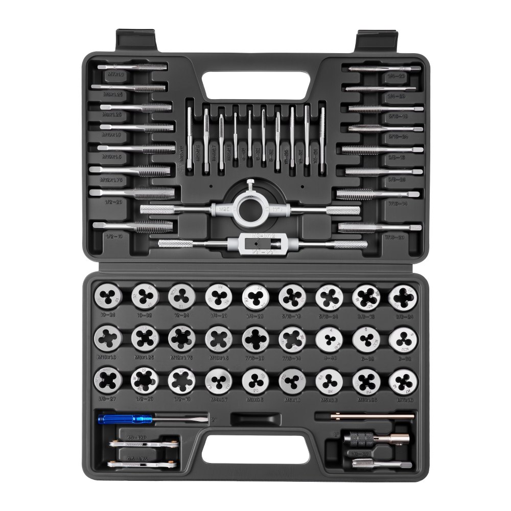 VEVOR 60-delige tap- en snijset, metrische en SAE-maten M3 tot M12, nr. 4 tot 1/2 inch, met grove en fijne tappen en snijplaten, sleutel en draagtas.