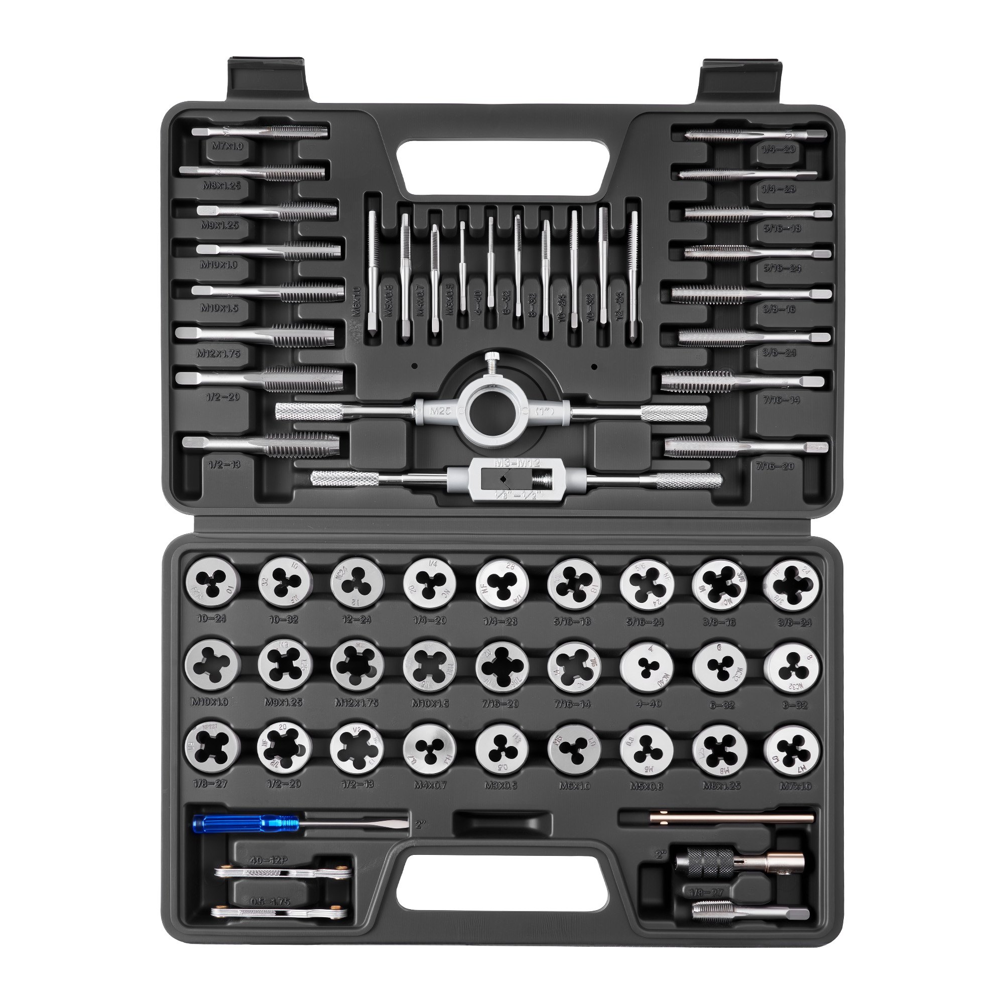 VEVOR 60-delige tap- en snijset, metrische en SAE-maten M3 tot M12, nr. 4 tot 1/2 inch, met grove en fijne tappen en snijplaten, sleutel en draagtas.