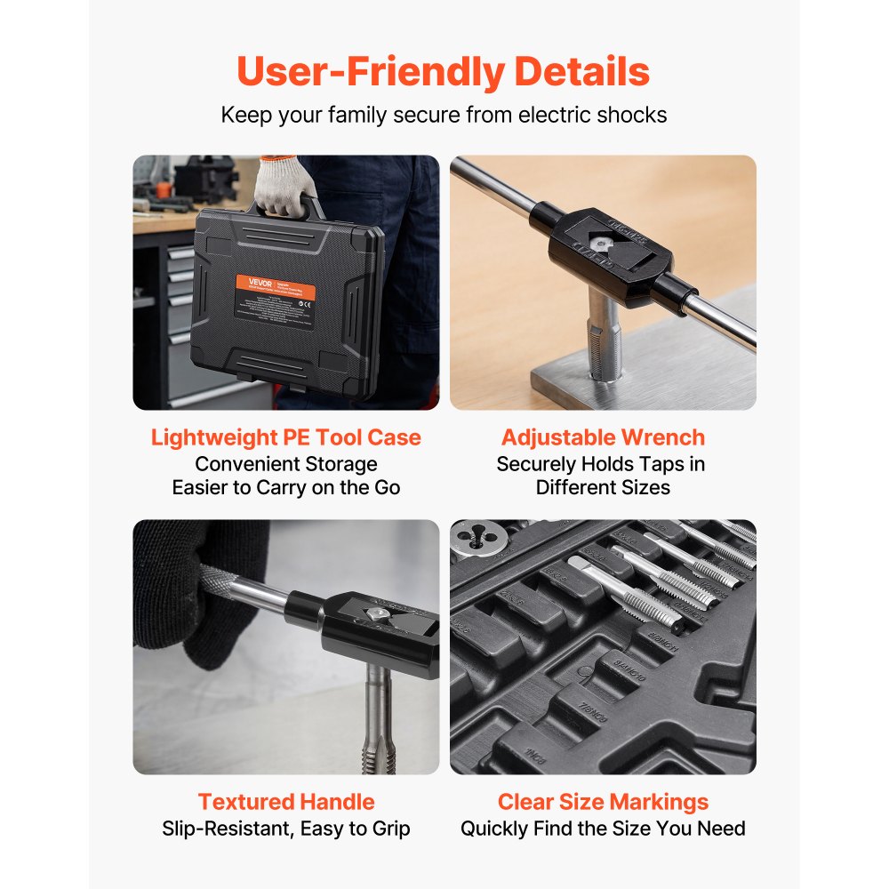 VEVOR 51-delige tap- en snijset, SAE-maten 1/4 tot 1 inch, met grove en fijne tappen en snijplaten, sleutel, draagtas en accessoires, lagerstaal