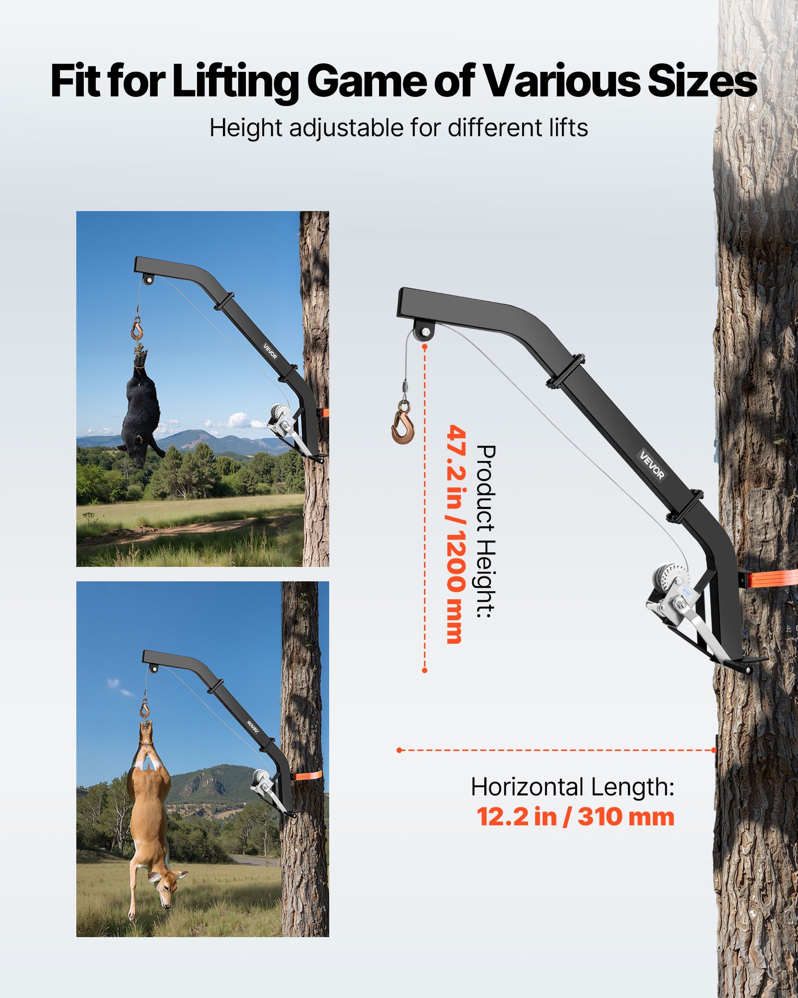 VEVOR Wildtakel voor boommontage, capaciteit 160 kg, wildhefsysteem met ratelband, robuuste hertenhanger voor het villen, reinigen en ophangen van wilde dieren, 1200 x 310 x 130 mm, zwart