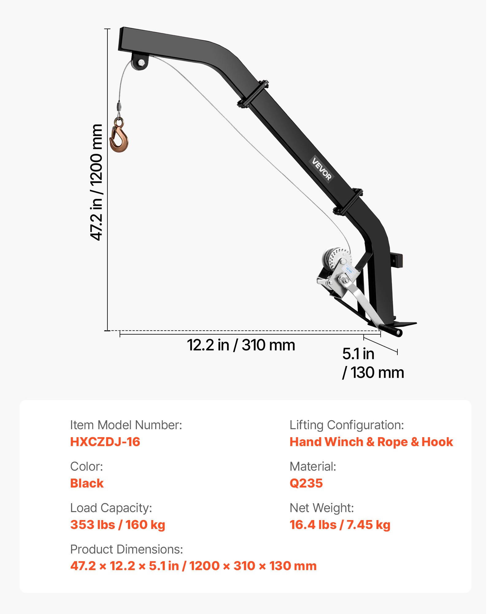 VEVOR Wildtakel voor boommontage, capaciteit 160 kg, wildhefsysteem met ratelband, robuuste hertenhanger voor het villen, reinigen en ophangen van wilde dieren, 1200 x 310 x 130 mm, zwart