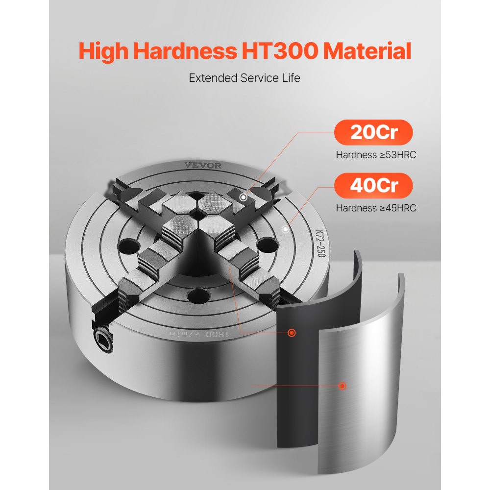 VEVOR 4-Jaw Lathe Chuck, 10 in (250 mm), Lathe Chuck, 0.6-9.84 in (15-250 mm) Clamping Range with T-key Fixing Screws Reversible Jaws, HT300 Cast Iron Material, Internal External for Wood Metal Lathe