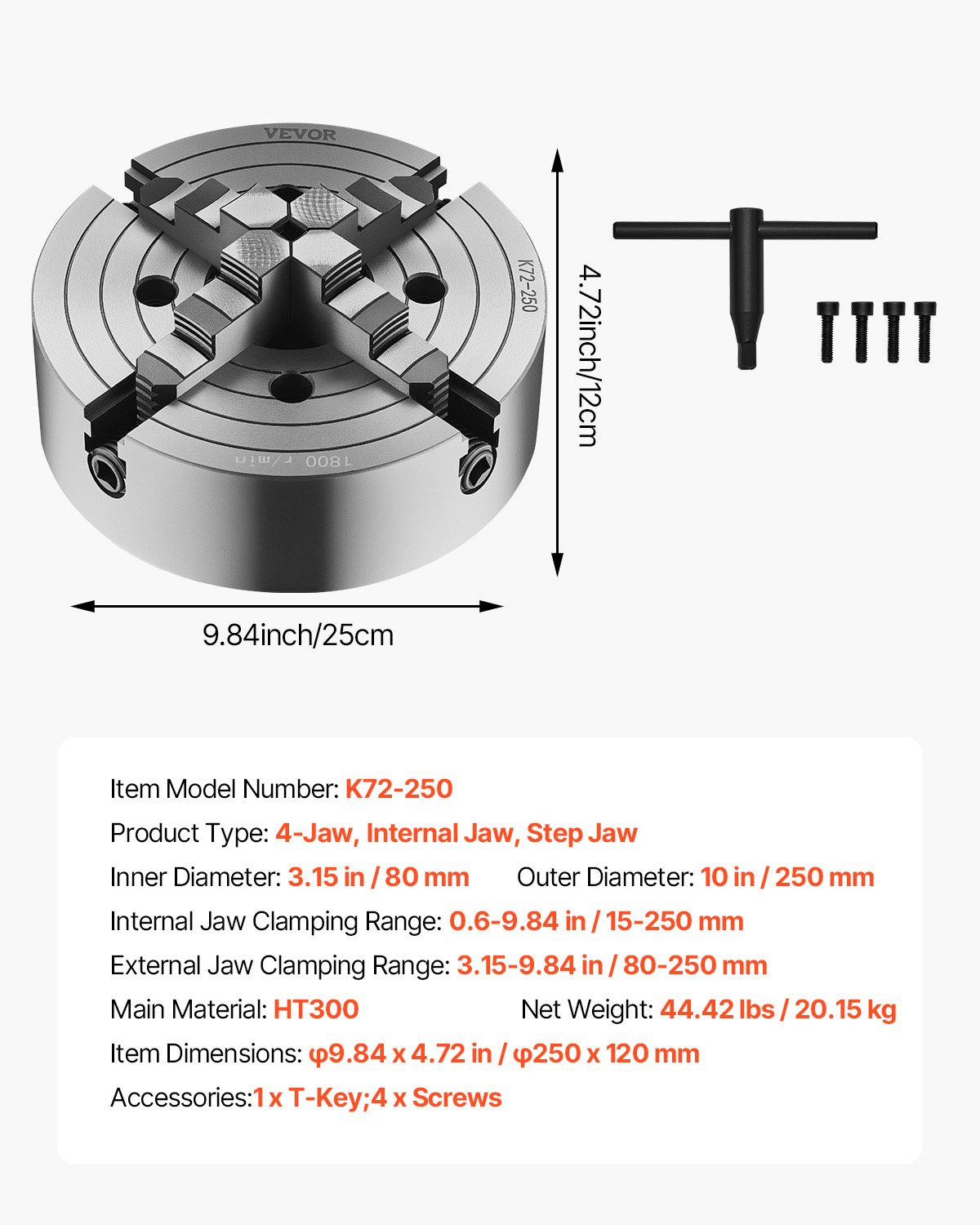 VEVOR 250 mm 4-klauwplaat, klembereik 15-250 mm met T-sleutelbevestigingsschroeven, omkeerbare klauwen, materiaal HT300, voor hout-metaaldraaibank