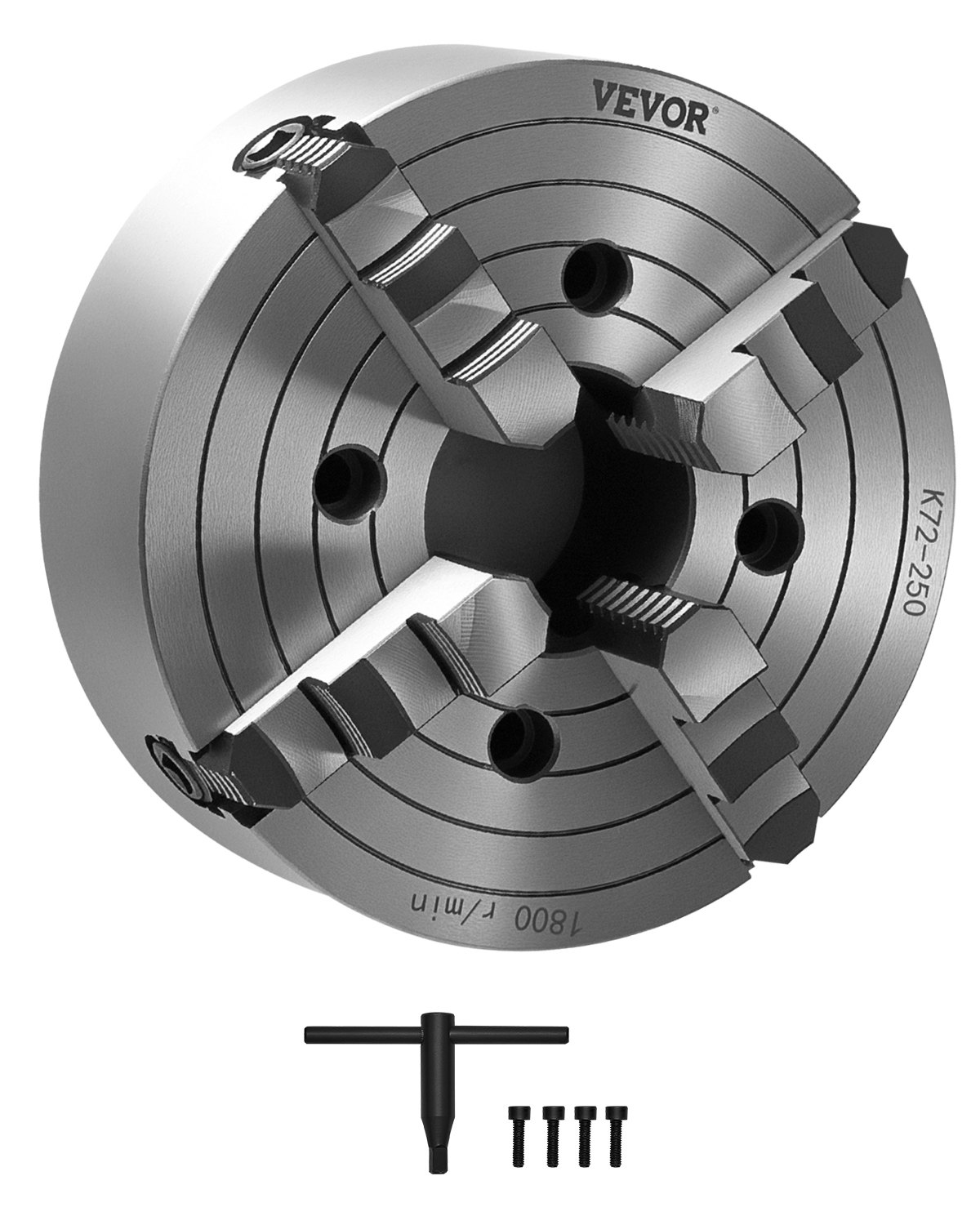 VEVOR 250 mm 4-klauwplaat, klembereik 15-250 mm met T-sleutelbevestigingsschroeven, omkeerbare klauwen, materiaal HT300, voor hout-metaaldraaibank