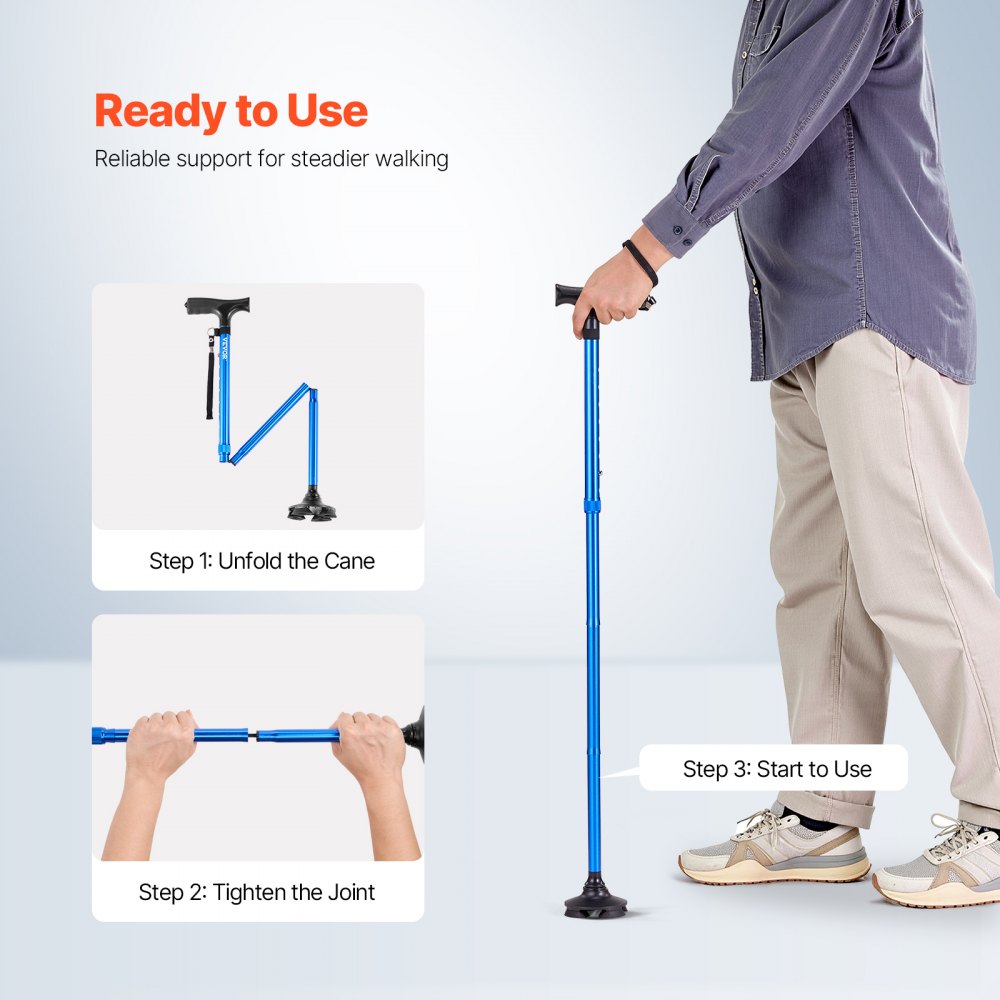 VEVOR Walking Cane for Man Woman, Folding Walking Stick with 8-Level Adjustable Height and 4-Pronged Pivoting Base, Lightweight & Portable Aluminum Mobility Aid for Senior Adult, 250LBS Loading (Blue)