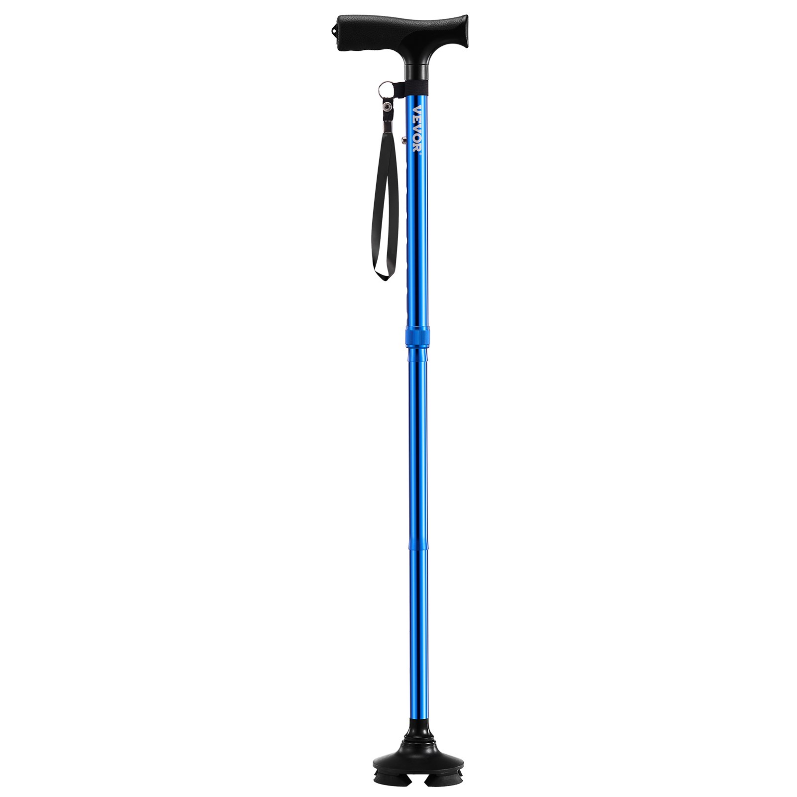 VEVOR Walking Cane for Man Woman, Folding Walking Stick with 8-Level Adjustable Height and 4-Pronged Pivoting Base, Lightweight & Portable Aluminum Mobility Aid for Senior Adult, 250LBS Loading (Blue)