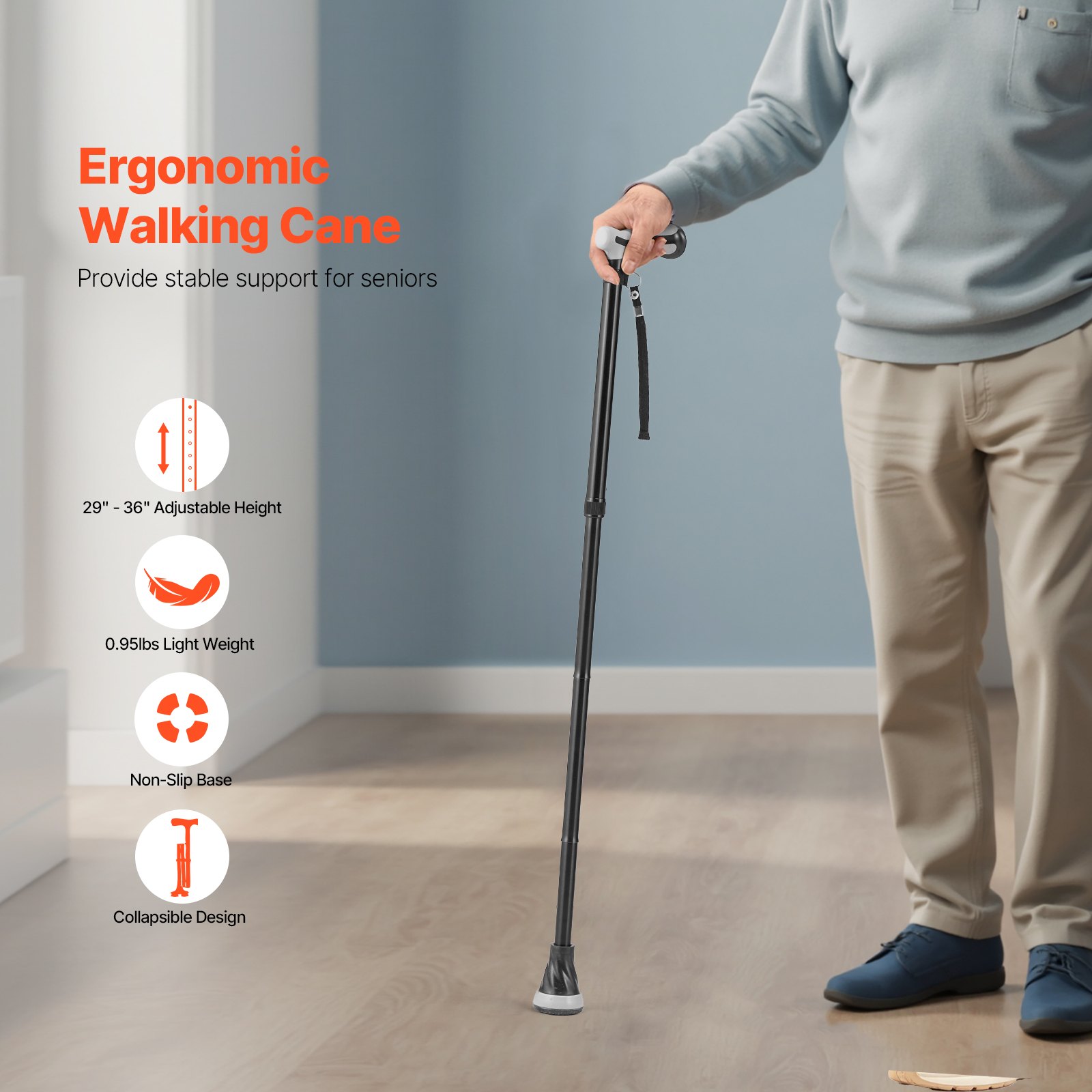 VEVOR Walking Cane for Man Woman, Folding Walking Stick with 8-Level Adjustable Height & Anti-Slip Tip, Lightweight and Portable Aluminum Mobility Walking Aid for Senior Adult, 250LBS Loading
