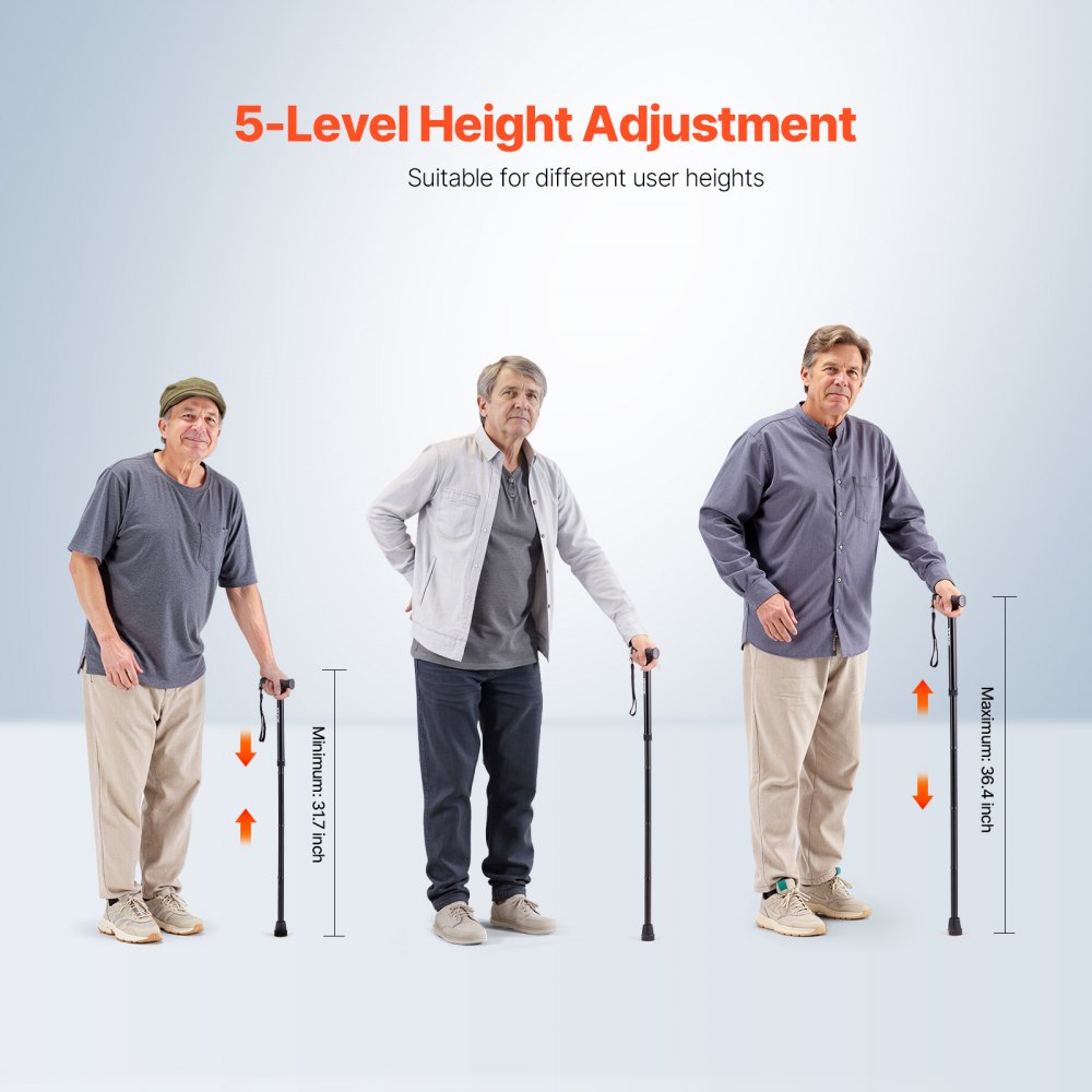 VEVOR Walking Cane for Man Woman, Folding Walking Stick with 5-Level Adjustable Height & Anti-Slip Rubber Tip, Lightweight and Portable Aluminum Mobility Walking Aid for Seniors Adults, 220LBS Loading
