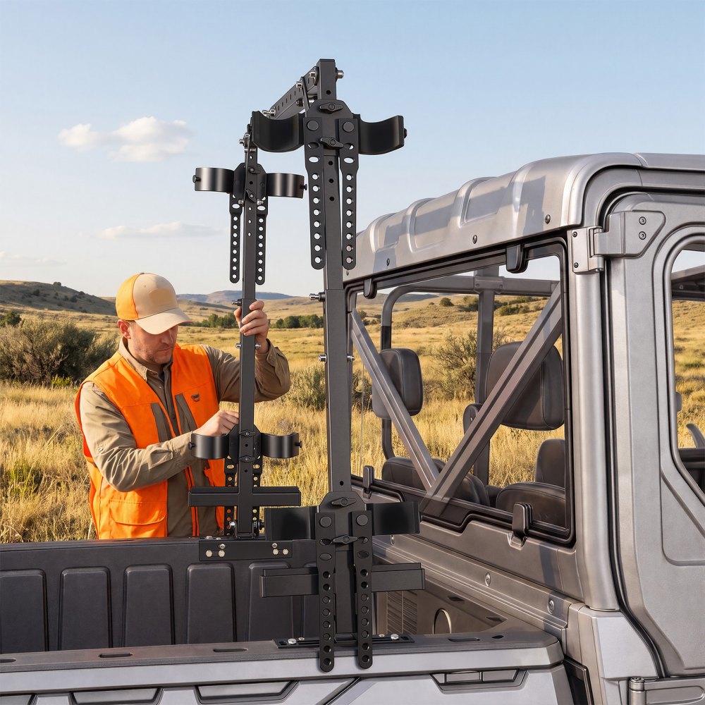 VEVOR UTV jachtgereedschapsrek voor laadbak, gelegeerd staal, zwart, compatibel met Polaris Ranger, General en Pioneer golfkarretjes, verstelbare lengte 650-1045 mm, hoogte 72-93 cm, met elastische banden