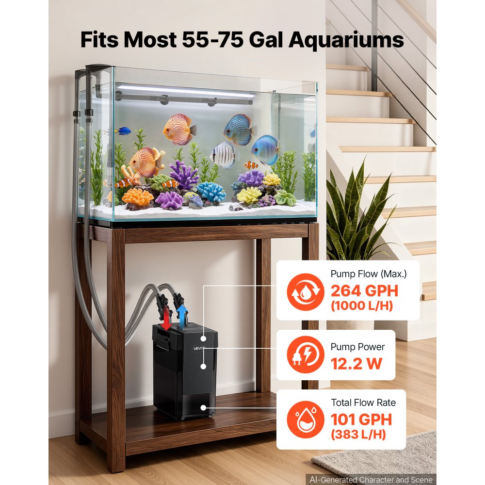 VEVOR Aquarium Extern Filter, Max. 1000 l/u, 2-traps aquariumfilter, IPX4, extern filtersysteem voor circulatie en reiniging van aquariums en vissenbakken, instelbare doorstroomsnelheid, 208-284 l, 5x overloopbeveiliging