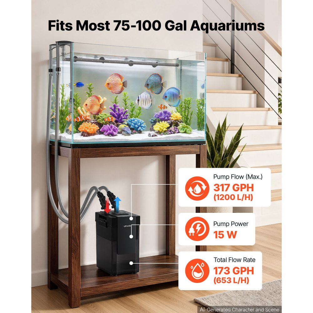 VEVOR Aquarium Extern Filter, Max. 1200 L/u, 3-traps aquariumfilter, IPX4, extern filtersysteem voor circulatie en reiniging van aquariums en vissenbakken, instelbare doorstroomsnelheid, 284-378,5 L, 5x overloopbeveiliging