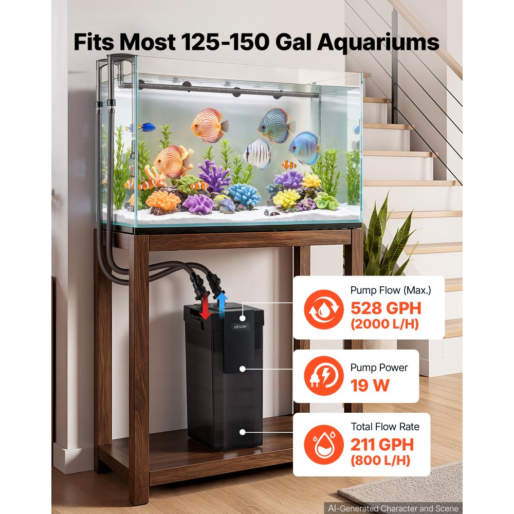VEVOR Aquarium Extern Filter, Max. 2000 l/u, 5-traps aquariumfilter, IPX4, extern filtersysteem voor circulatie en reiniging van aquariums en vissenbakken, instelbare doorstroomsnelheid, 473–568 l, 5x overloopbeveiliging