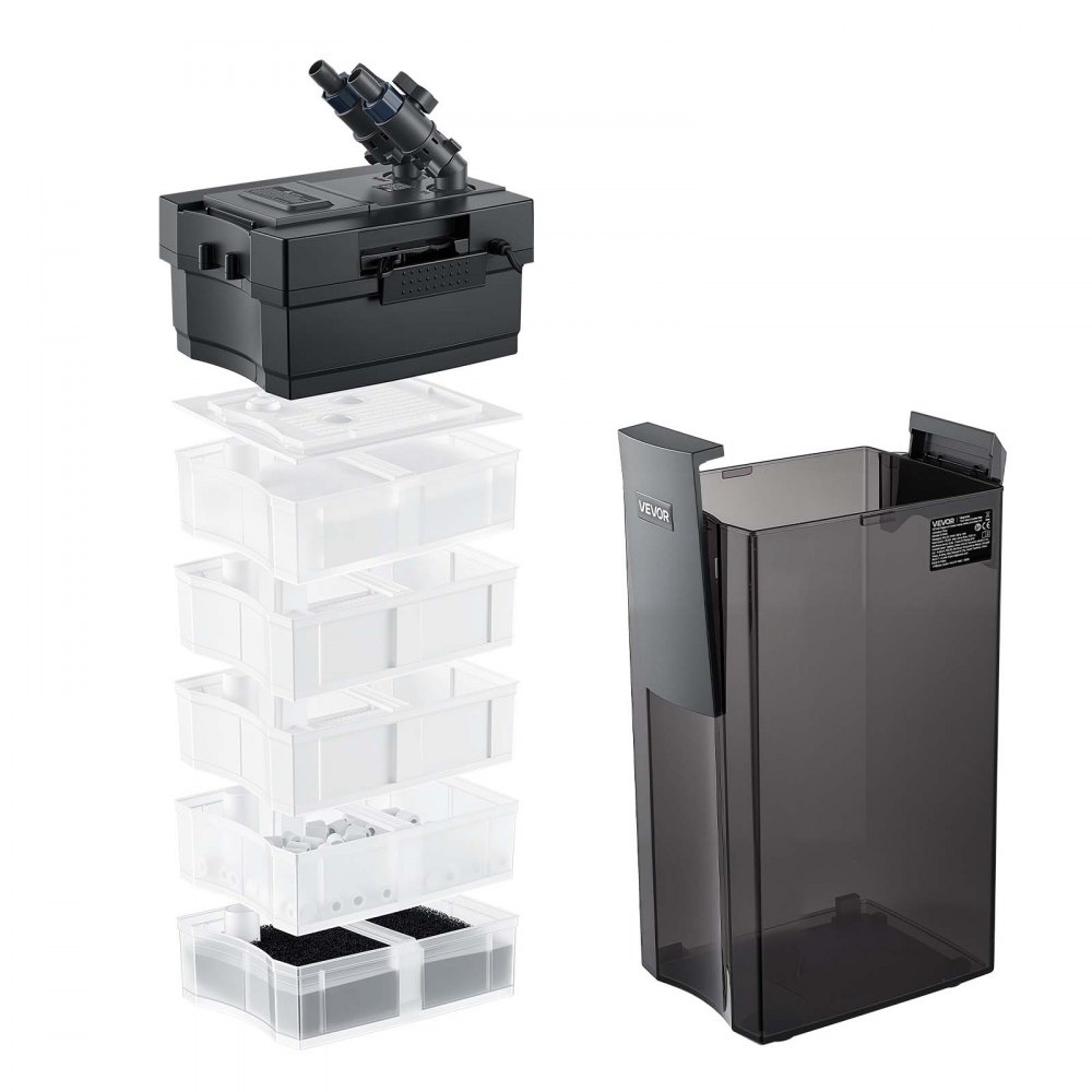 VEVOR Aquarium Extern Filter, Max. 2000 l/u, 5-traps aquariumfilter, IPX4, extern filtersysteem voor circulatie en reiniging van aquariums en vissenbakken, instelbare doorstroomsnelheid, 473–568 l, 5x overloopbeveiliging