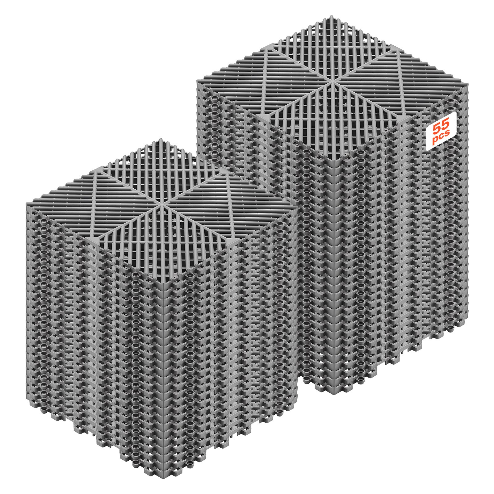 VEVOR in elkaar grijpende drainage mattenset (55-delig) 31 x 31 cm, garagevloertegels, antislip kliktegels van PP, modulaire garagevloer voor badkamer, keuken, zwembad, buitenruimtes, zelfdrainerend, grijs